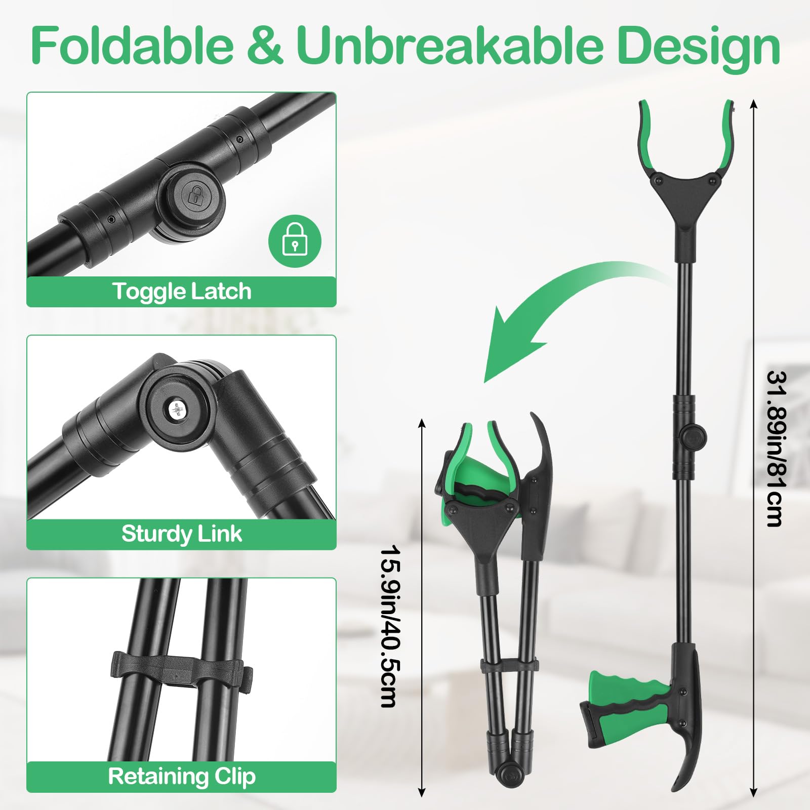 Pinza Raccogli Oggetti, 81cm Pinza Telescopica, Pieghevole Pinza Raccogli Rifiuti con Magnetica e Calzascarpe, Pinza Telescopica Prendi Oggetti, per Raccolta Dei Rifiuti, Verde