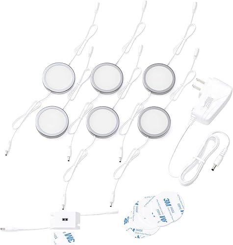 Miniatura 1 de EShine Luces de disco para debajo del gabinete con sensor de onda manual, luces LED circulares para gabinete, regulables, paquete de 6, blanco frío