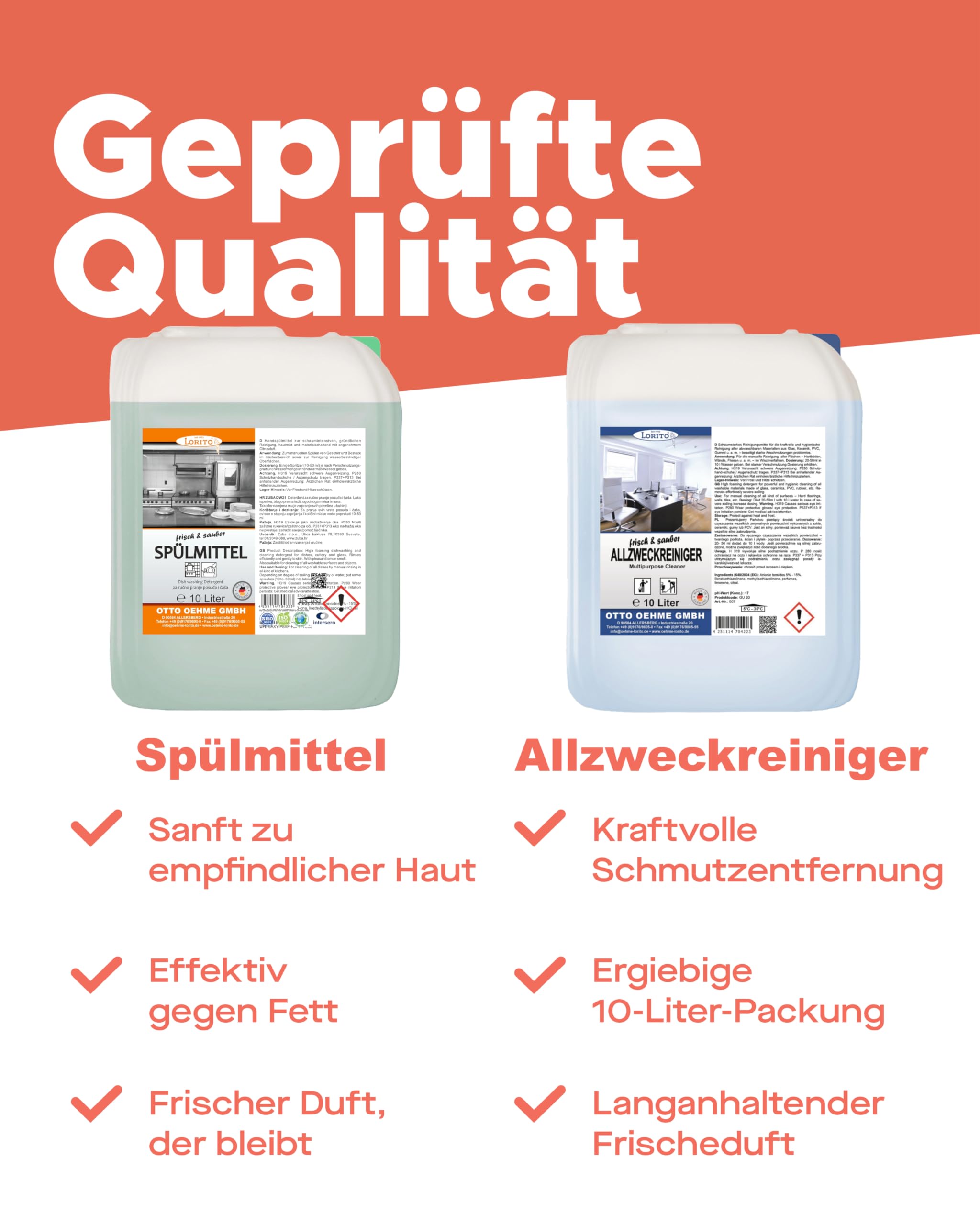 Lorito Set frisch & sauber Spülmittel 2 x 10L & Allzweckreiniger 2 x 10L | Profi-Reinigungsmittel gegen hartnäckige Verunreinigungen, glanzvolles Ergebnis, zwei Haushaltsreiniger in einem Set