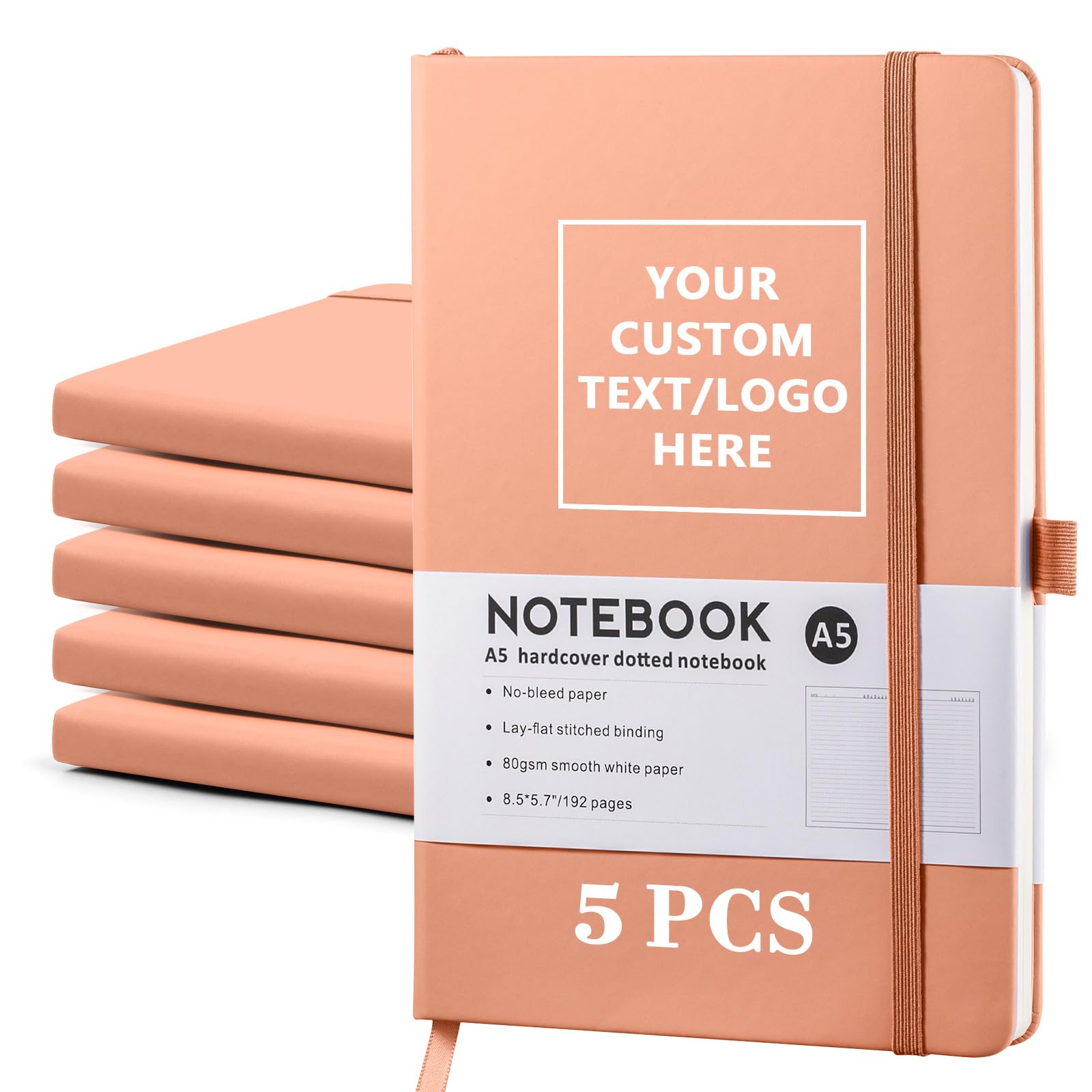 Vebermo Personalized Notebook-Can Engrave Logo/Text/Image, Customizable A5 Journal Notebook Daily Journals For Writing-192 Lined Pages 8.5 x 5.71 Inch,Pink,5 pcs โ image 1
