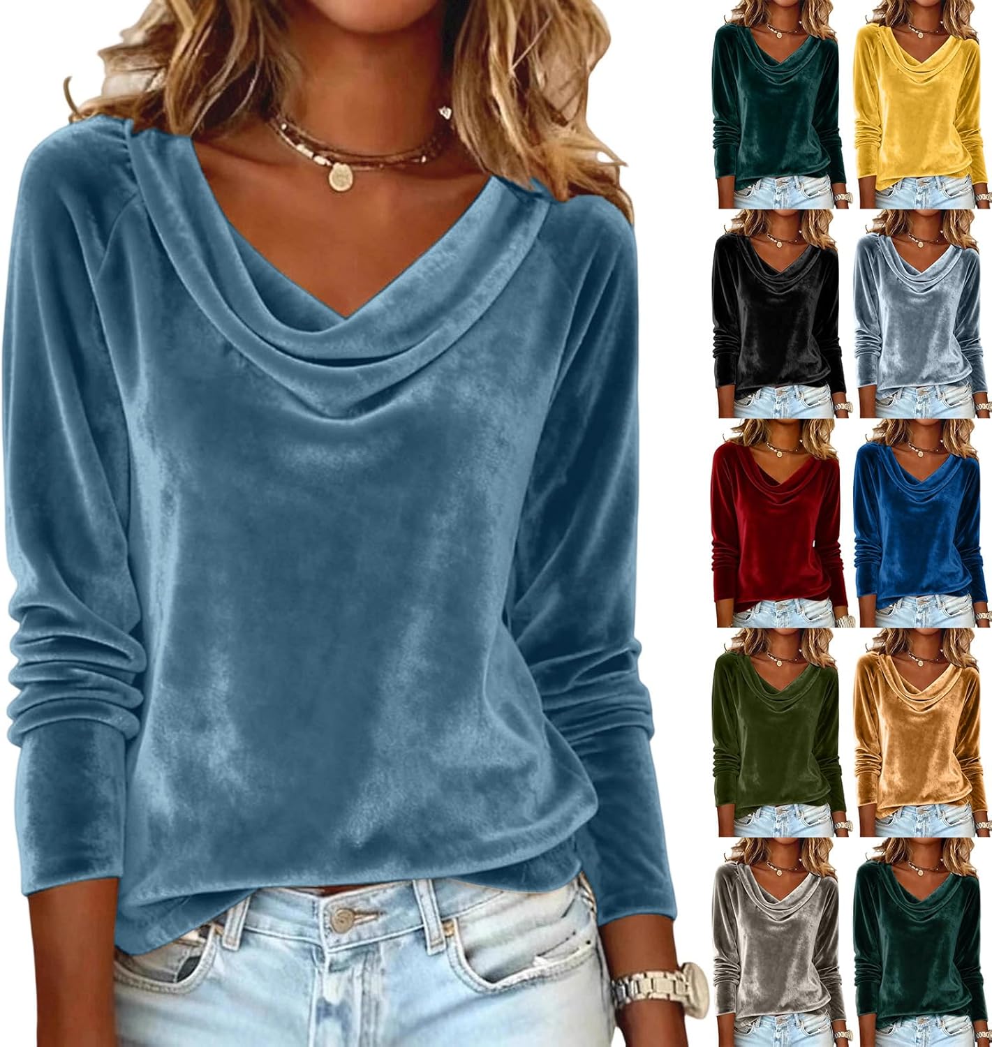 Cowl Neck Tops for Women Long Sleeve Velvet Draped Winter Shirts Casual Ruched Velour Lightweight Warm Work Blouse