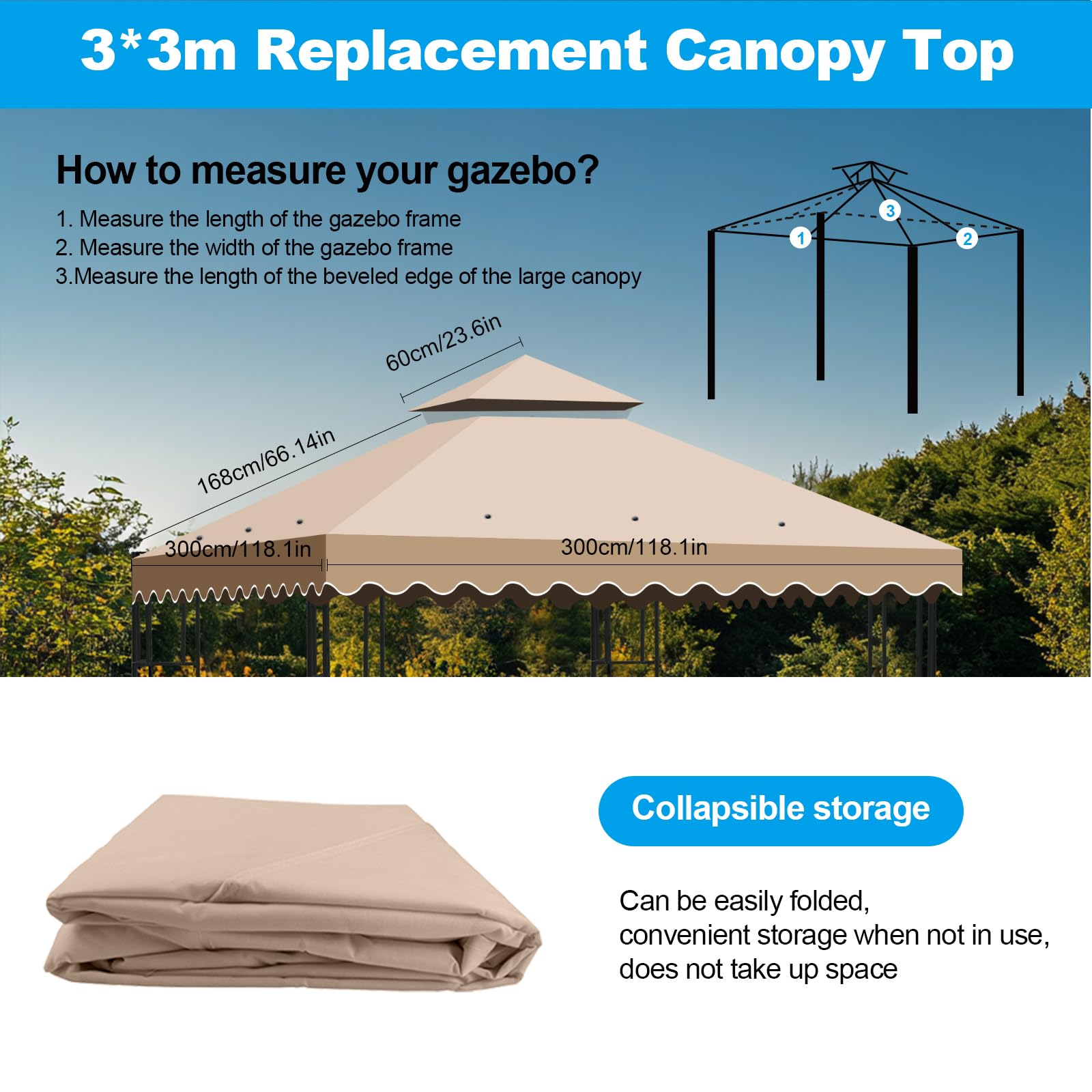 Tetto di Ricambio per Gazebo 3x3 Impermeabile, Telo Copertura 300D Poliestere Anti-UV Kaki