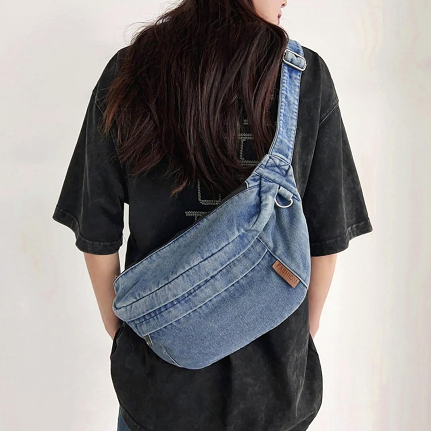 Hoce Large Denim Fanny Pack Jean Chest Bag Purses for Women Lady Crossbody Bag,Blue - Image 6