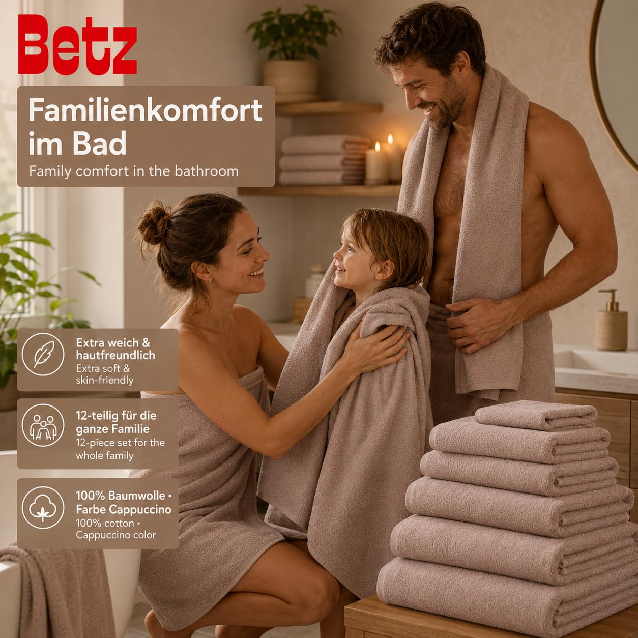 Betz 12 pezzi set di ascuigamani BERLIN 100% cotone Asciugamani da Doccia asciugamani Asciugamani per Ospiti Lavettes Guanti da Bagno Colore cappuccino - BERLIN