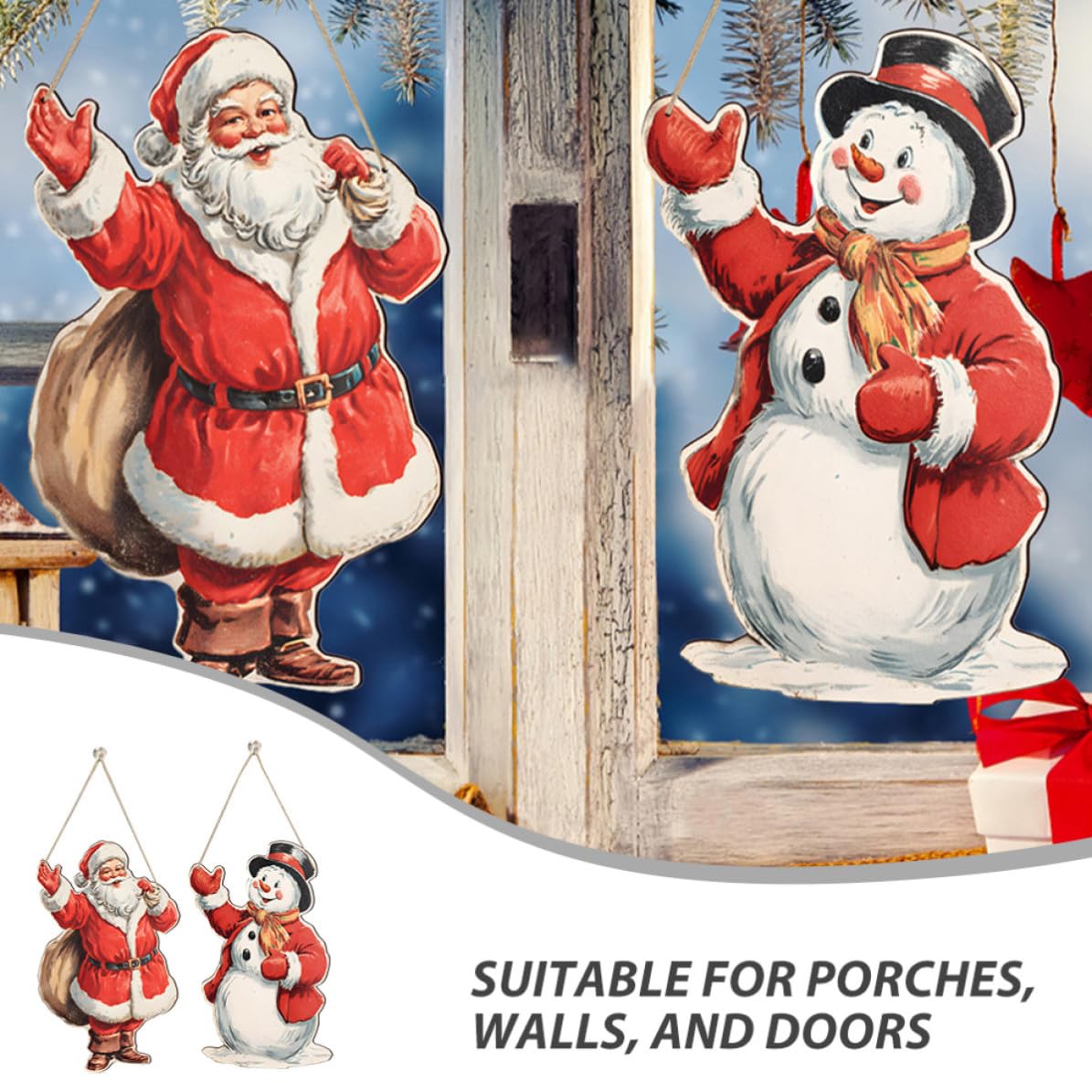 2 Piezas Colgante Navideño de Madera Muñeco de Nieve y Papá Noel para Decoración de Puerta y Pared, Acabado Liso y Fácil Instalación para Ambiente Navideño