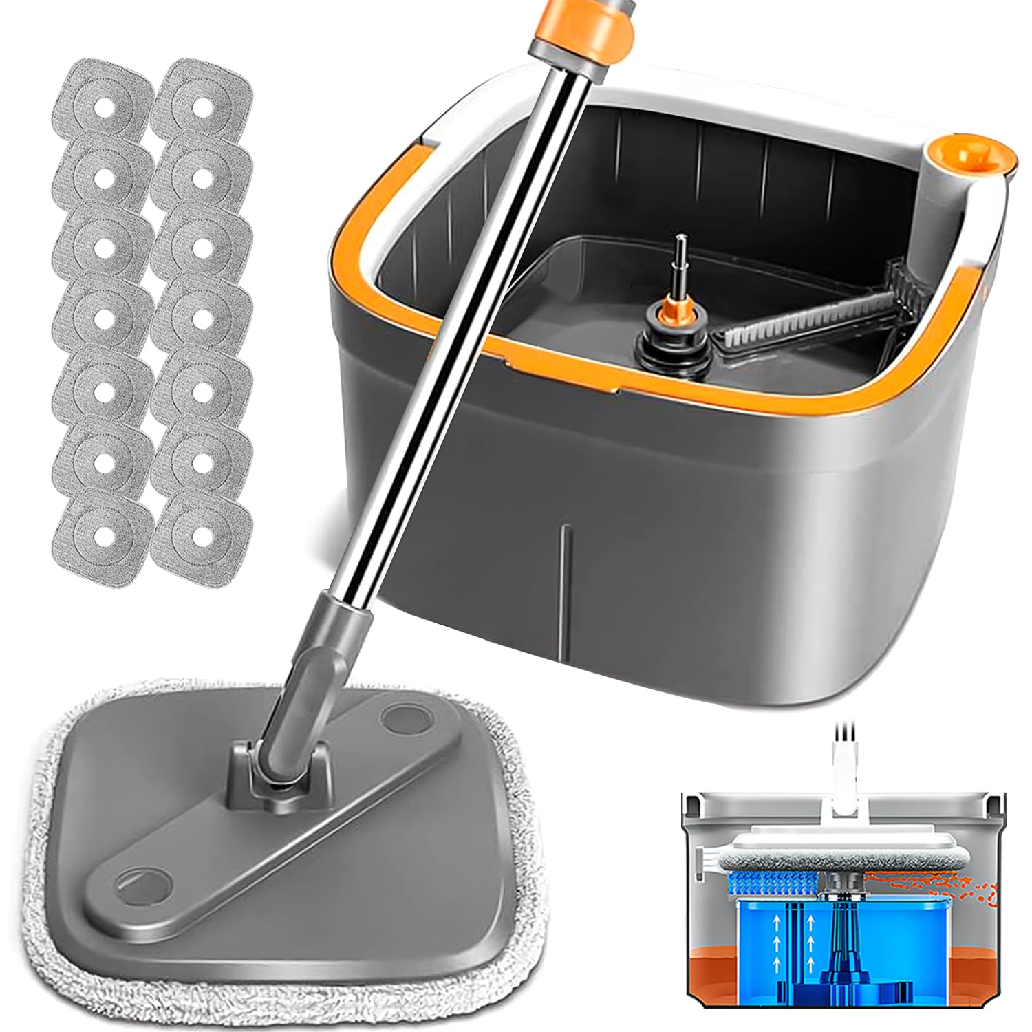Tikaa Atok Spin Mop and Bucket Set with Self Separation Dirty and Clean Water System, Square Mop Bucket Self Wringing 360° Rotating Clean Floor Mop-Head for Hardwood Tile Marble Floors-with 14Pads