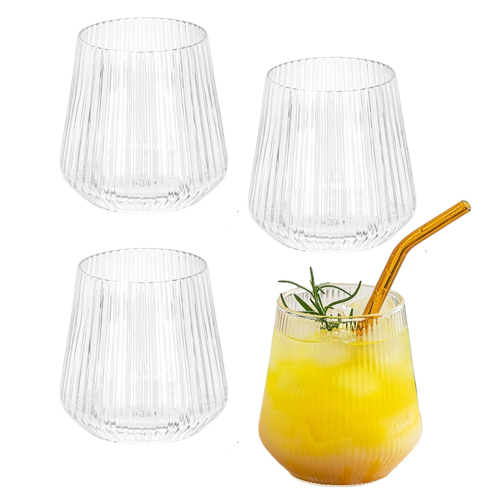 Eidoct 4 pcs Handmade Glassware, 380ml Red & White Wine Ribbed Wine Glasses