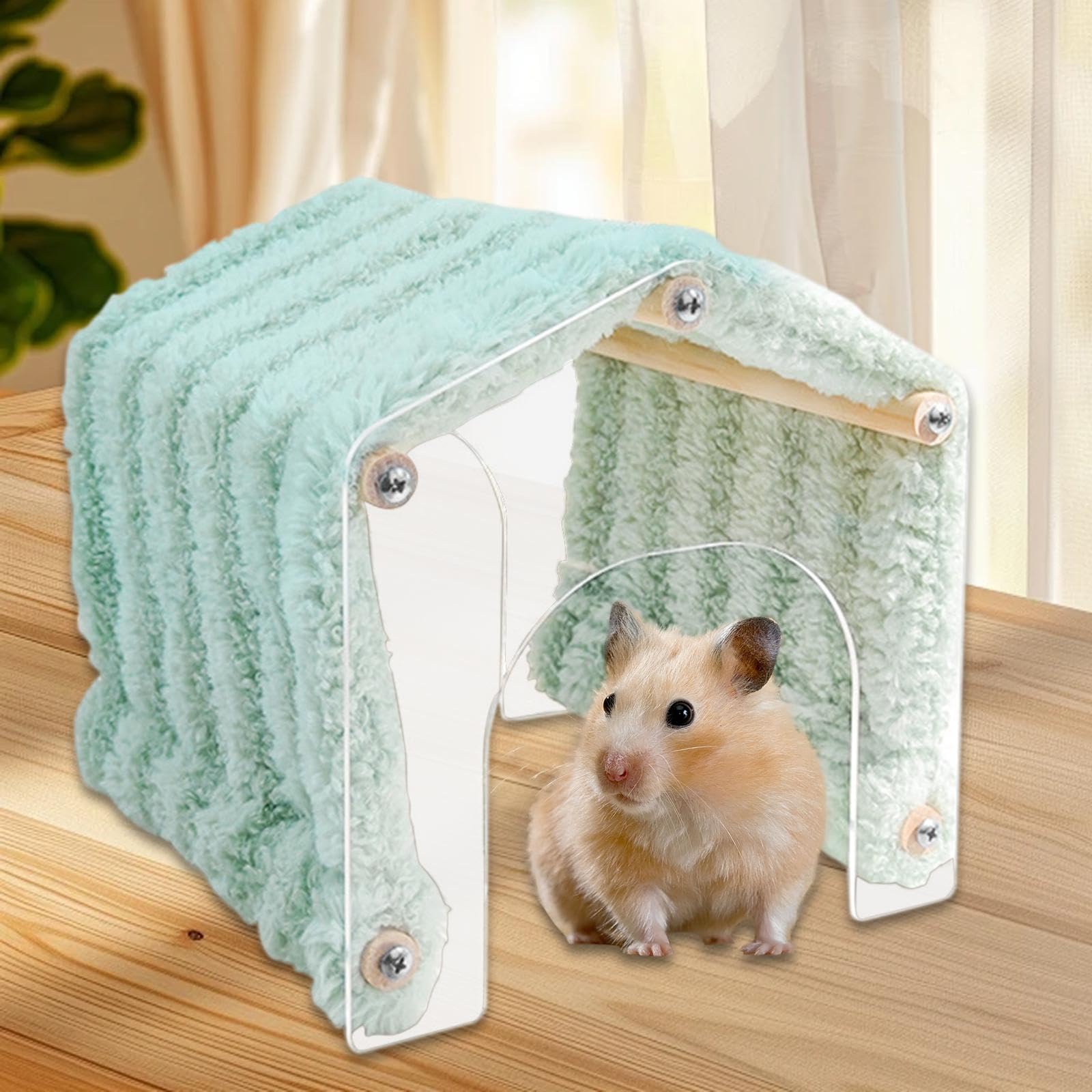 Generic Guinea Pig Hideout Transparent Bed Bottomless Comfortable Opening Cozy Acrylic Warm Fleece Hideaway Hamster Tunnel Tube, Green