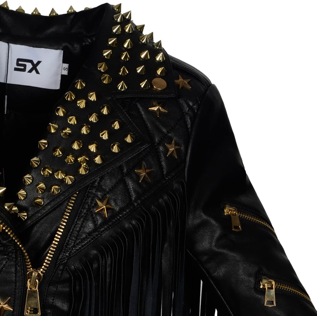 SX Spring Autumn Women Jacket NEW Personality Tassel Rivets Faux Leather PU Short Biker Leather Jacket Black Streetwear Coat