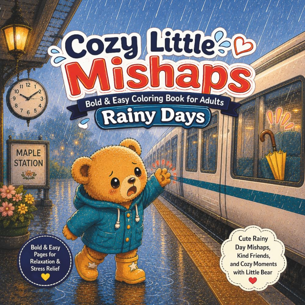 Cozy Little Mishaps　Rainy Days: Bold & Easy Coloring Book for Adults Featuring Cute Animal Friends, Rainy Day Adventures, Cozy Moments, and Stress Relief (Cozy Bear Coloring Series)