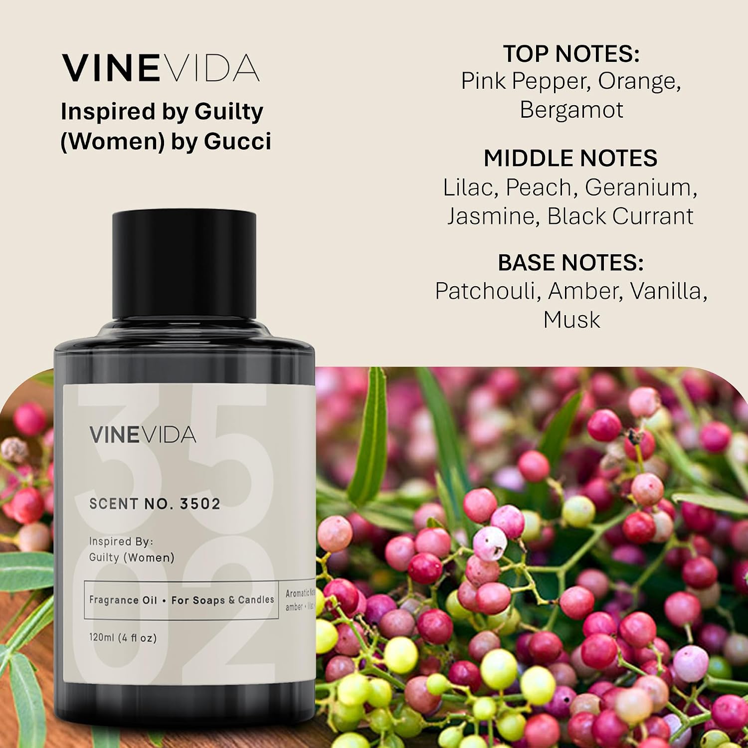 VINEVIDA Scent NO. 3502 Fragrance Oil - 120mL (4oz) - Inspired by: Guilty (Women) Fragrance Oil for Candle Making - Made in USA Candle Scents Scents for Soap Making