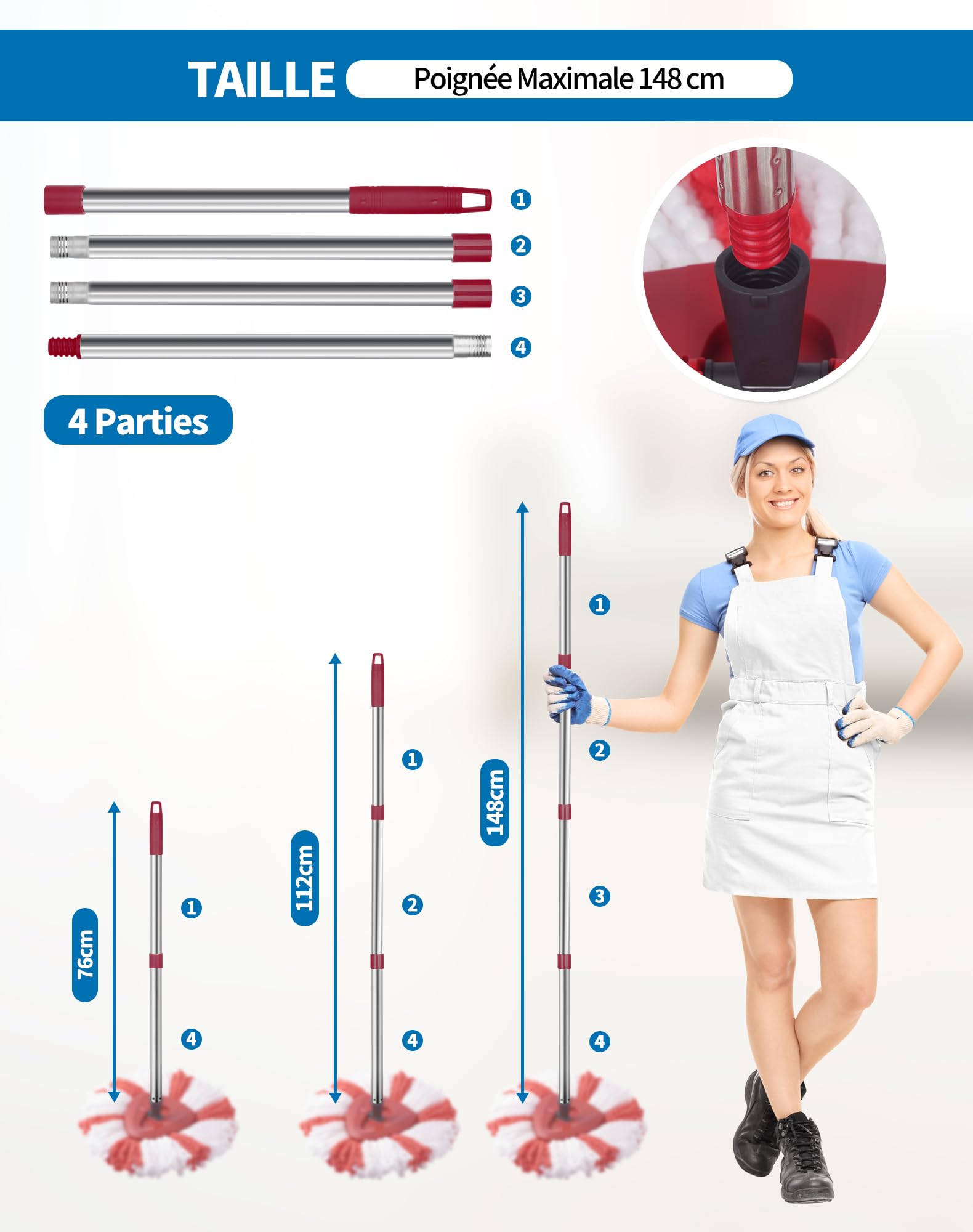 SOSALUK Manico per scopa compatibile con Vileda Easy Wring and Clean Turbo 76 cm-148 cm, manico in mocio per Vileda Turbo regolabile