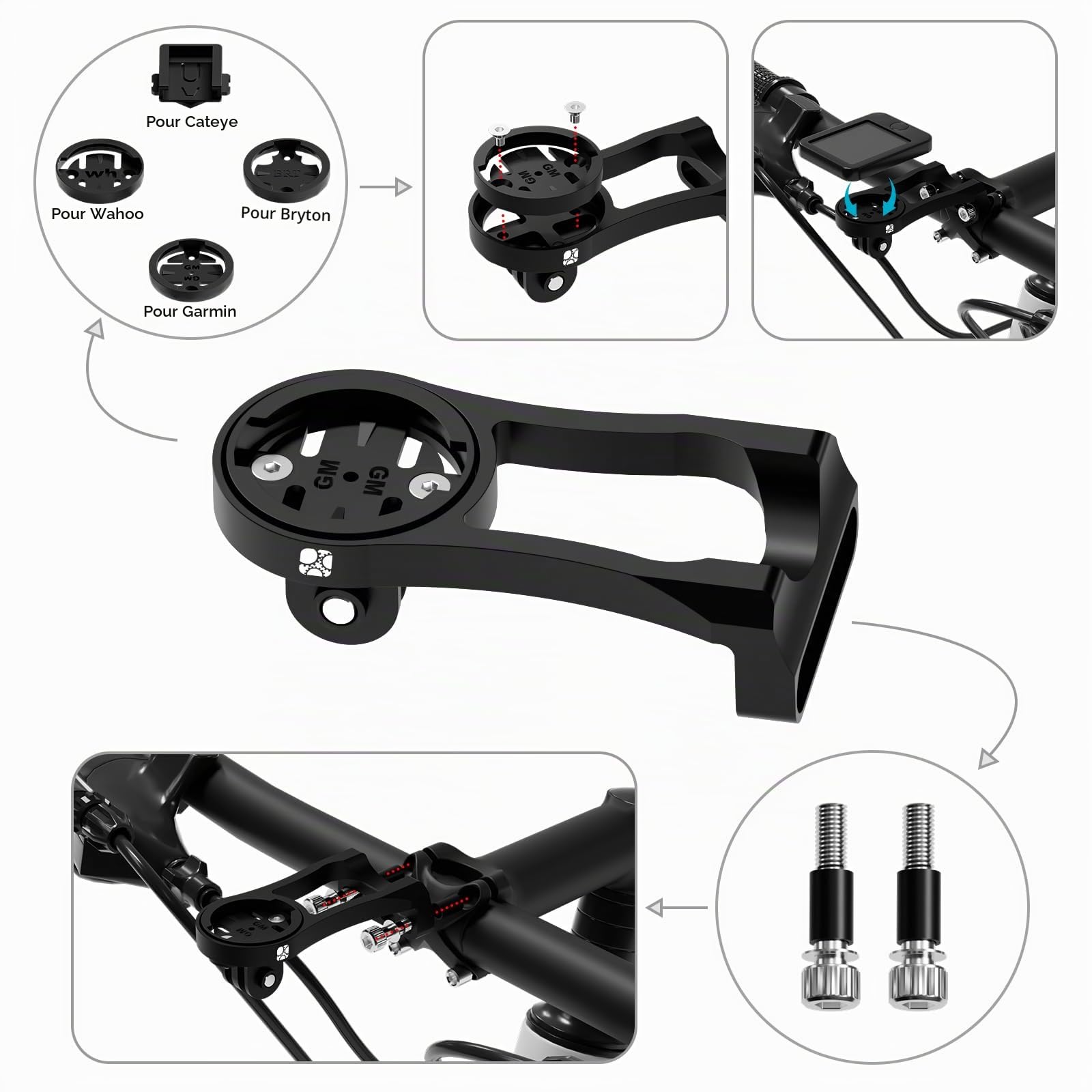 Support d'ordinateur de potence de vélo de 32 mm pour Garmin Edge Explore, en alliage d'aluminium léger pour GPS, lampe de poche et caméra d'action, compatible avec Bryton, Wahoo et Cateye Noir