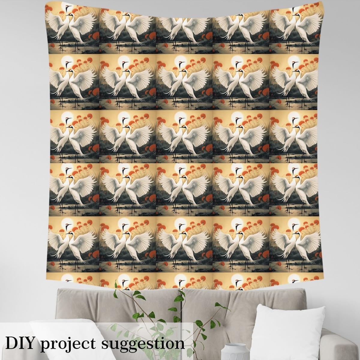 Erosebridal Red-Crowned Crane Fabric by The Yard, Asian Culture Yellow Decorative Fabric, Japanese Ukiyo-E Upholstery Fabric, Wild Animals Safari Indoor Outdoor Fabric for Adults Teens, 2 Yards