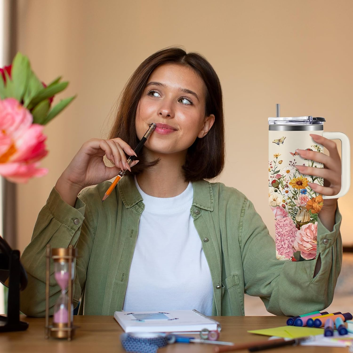 Floral Boho Tumbler 40oz, Flowers Gifts, Flower Coffee Cup Gifts for Women Girls, Abstract Retro Mid Century Flower Gift for Her on Christmas Birthday Mothers Day - Image 2