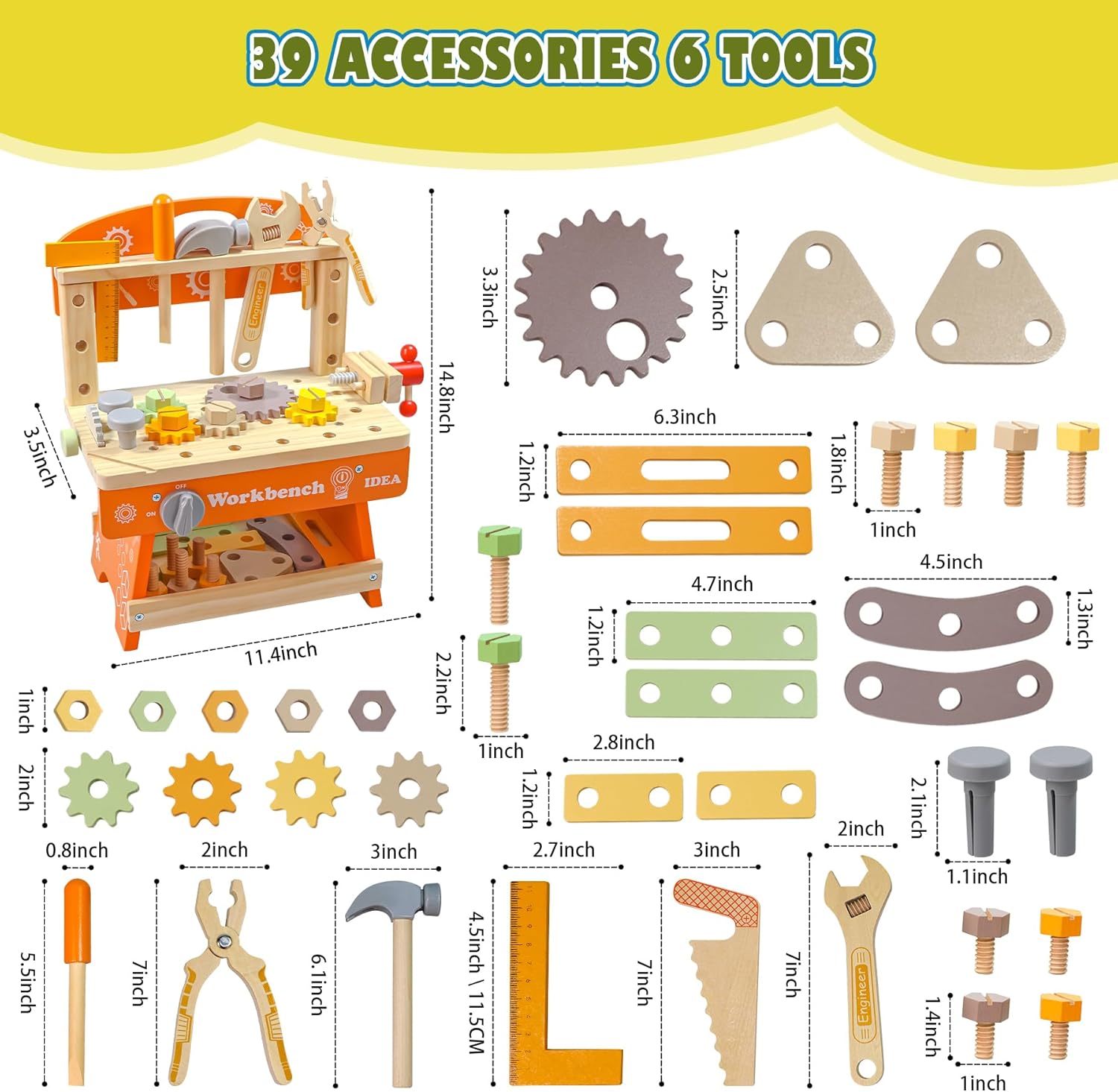 Kids Tool Bench,Wooden Toddler Tool Bench with 39 Accessories,6 Tools,Multi-Function Learning Educational Kids Workbench, Tool Bench Gift for Boys, Girls Age 2 3 4 5