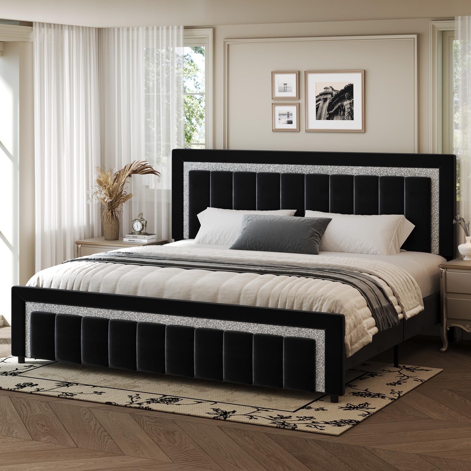 HOMBCK King Size Bed Frame with Headboard Velvet Upholstered Bed with Diamond Design Upholstered Platform Bed Frame with