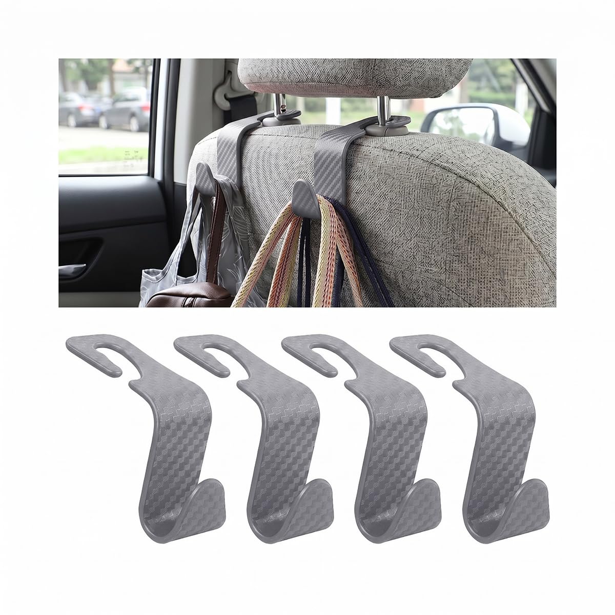 4 Pack Headrest Hooks for Vehicle Seats, Carbon Fiber/Gray