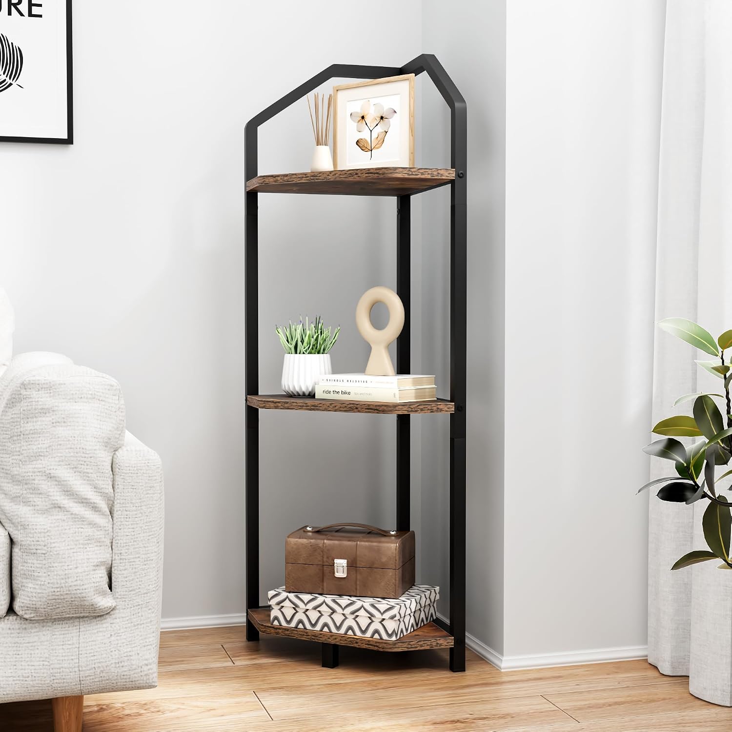 Fun Memories 3 Tier Corner Shelf, 40” Corner Shelf Stand, Corner Bookshelf Plant Stand, Storage Shelf for Bathroom, Living Room, Kitchen,Grey Home Office, Brown image 5