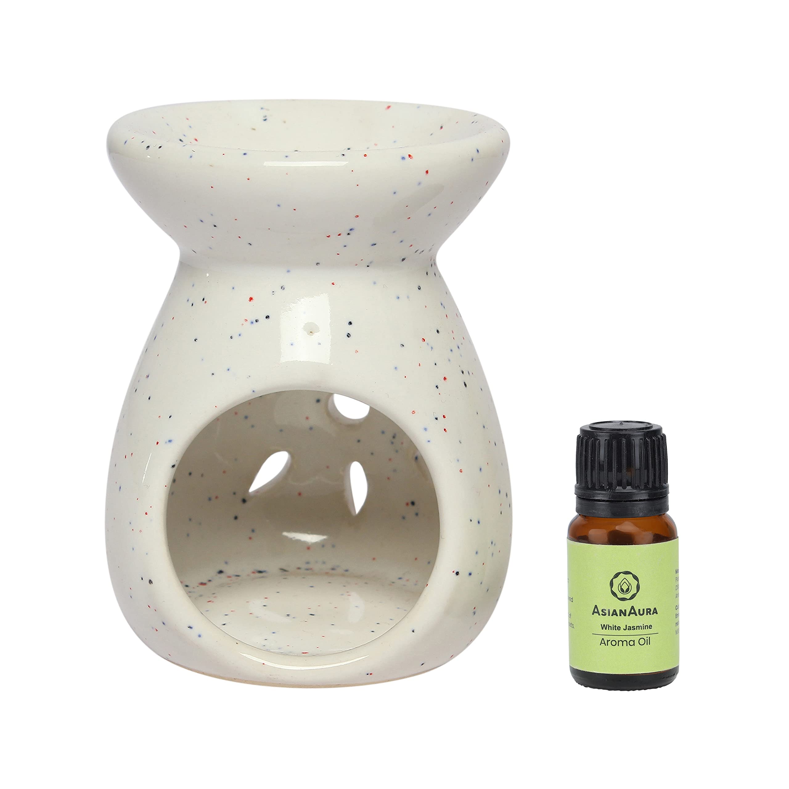 Asian Aura Aroma Ceramic Candle Diffuser with 2 10 ml Aroma Oil Fragrance - Rosy Romance & English Lavender 1 Tea Light Candle|Aromatherapy/Yoga/Meditation/Home/Office | White Diffuser Pot