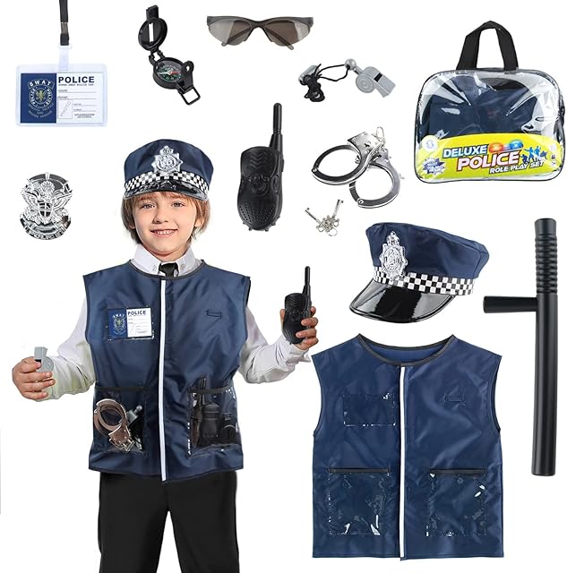 M MUNCASO Kids Police Costume Pretend Play Accessories Police Role Cosplay Kit Vest Cap Badge Sunglass Handcuff Fancy Dress Up Boys Girls