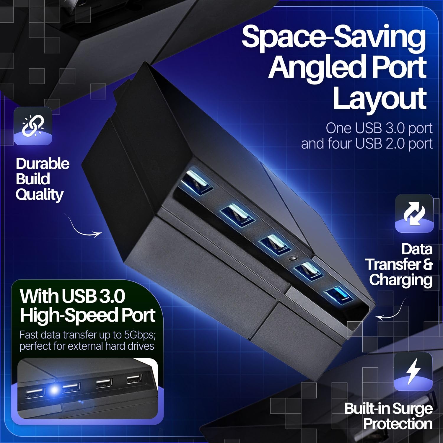 TNP USB Erweiterung, 5 Port USB Hub 3.0/2.0 für Sony Playstation 4 Konsole, USB Verteiler Adapter Zubehör für Controller, Erweiterungsadapter mit LED Indicator, schwarz