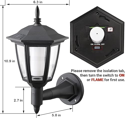 Miniatura 2 de Dynaming Paquete de 4 faroles de pared con llama solar para exteriores, luces LED de llama parpadeante, luces LED de llama parpadeante, luces
