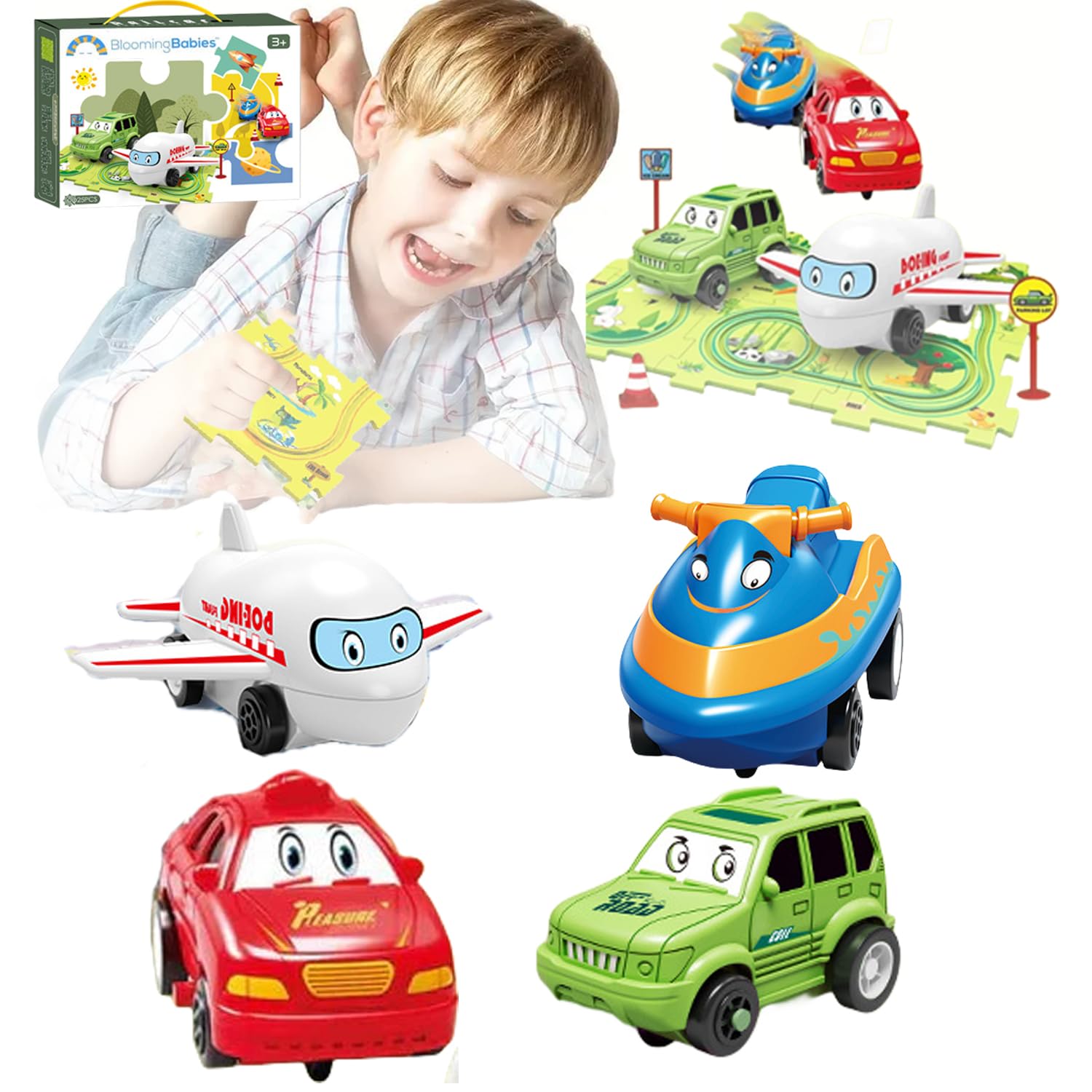 Nukids - Puzzle Racer Kids Car Track Set, 20/60/100 PCS Puzzle Track Car Play Set, Puzzle Racer, Rail Car Puzzle Track Toys for Kids Ages 3+ Boys and Girls (Only 4 Cars)