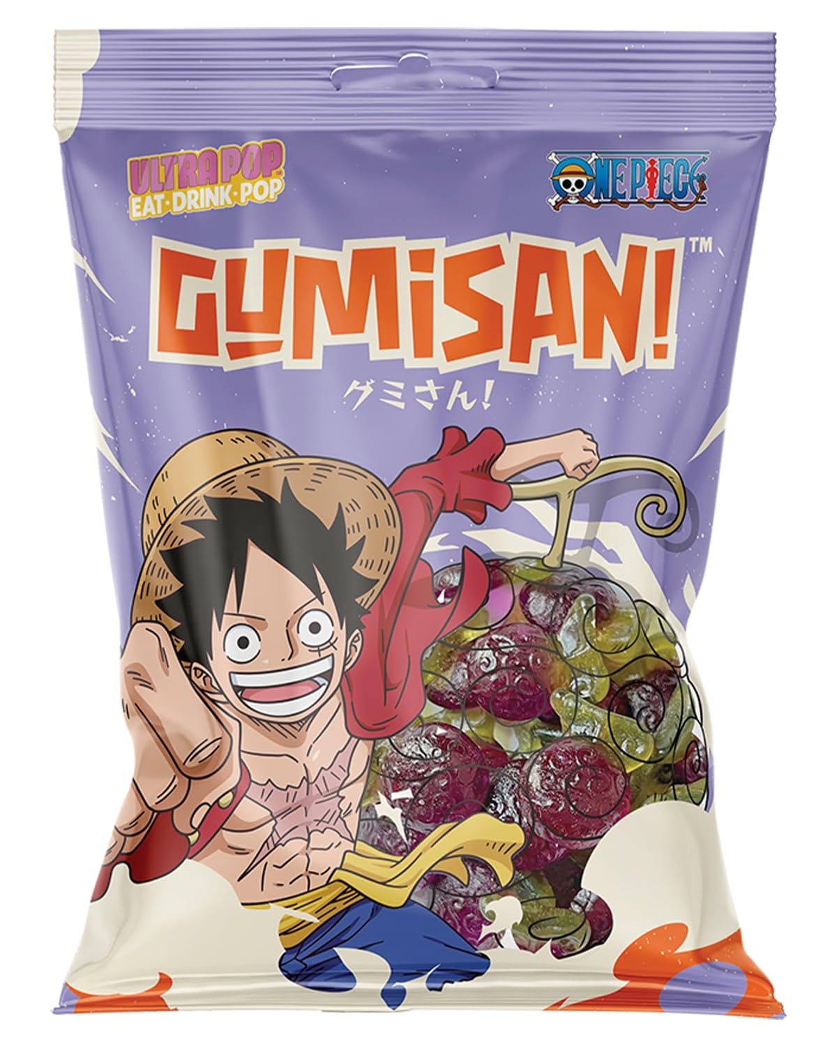 GUMISAN One Piece Luffy Fruchtgummi – Traubengeschmack – Offiziell lizenziert – Gummibärchen in Teufelsfrucht-Form – 1 x 180 g