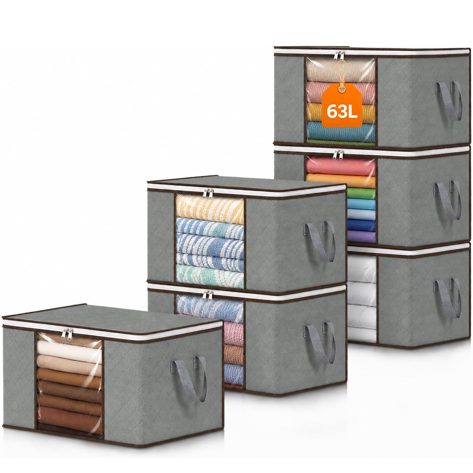 RICHER HOUSE 63L Clothes Storage Bags, Foldable Storage Box with Lid, Moving Boxes with Reinforced Handle, Breathable Thick Fabric, Clear Window for Duvet Blankets Bedding Toys, 6 Pack (Grey)