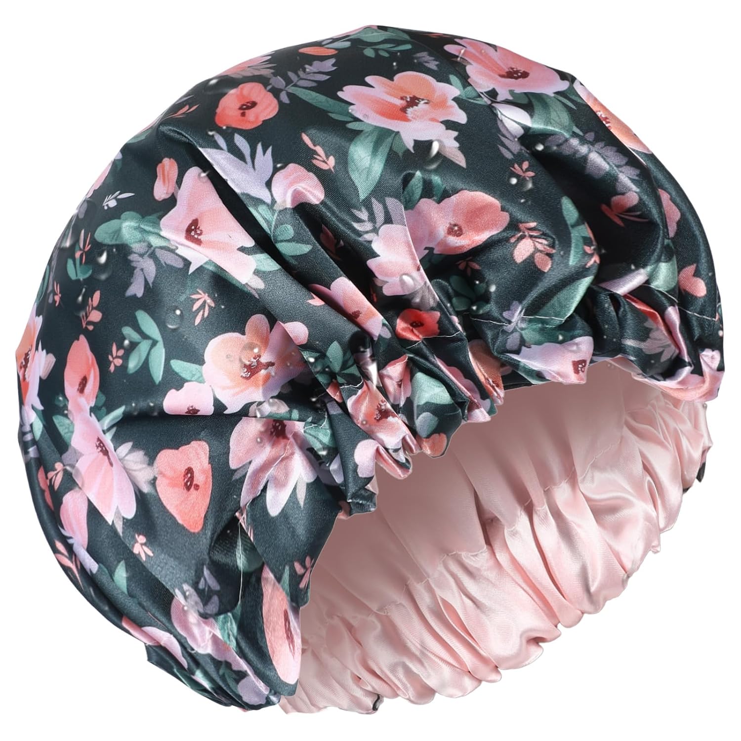 Mabor Large Shower Cap, Waterproof Adjustable Double Layer Reusable Bathing Shower Bonnet with Floral Print