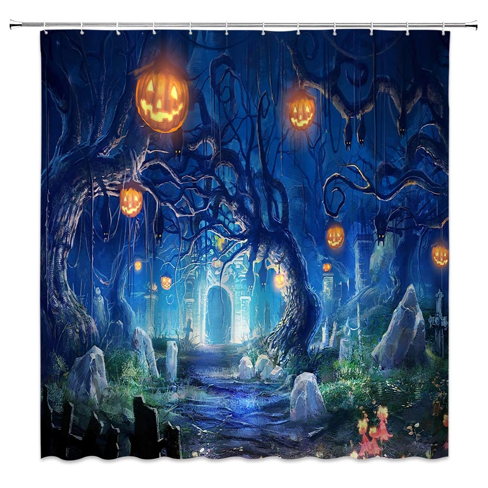 WZFashion Halloween Shower Curtain Pumpkin Ghost Castle Old Dead Tree Bat Cross Tomb Branch Cave Blue Night Gothic Funny Halloween Decor Fabric Bathroom Curtain with Hook