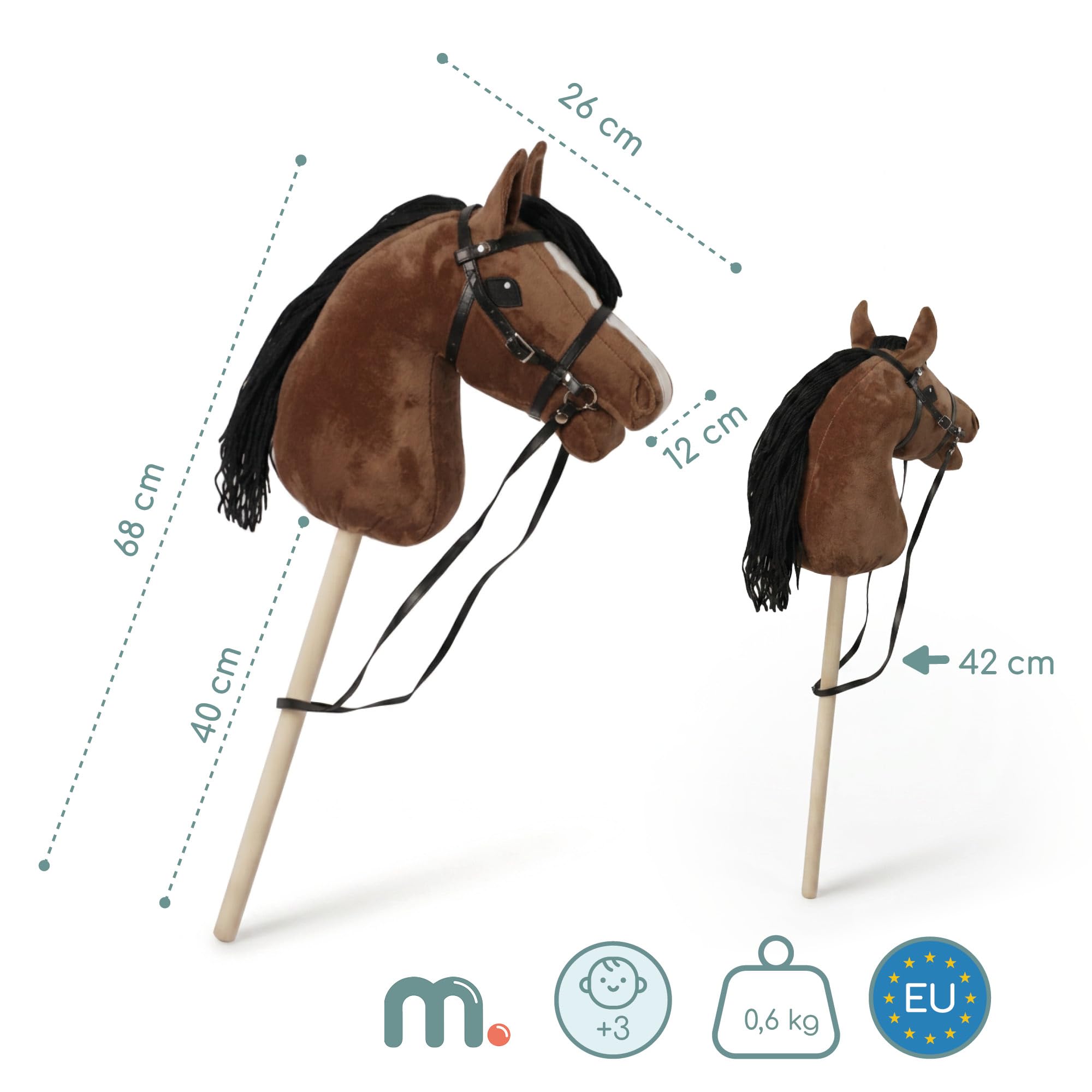 mamabrum Hobby Horse Braun Steckenpferd Kinder 68 cm | Steckenpferd mit Holzstab, verstellbarem Zaumzeug, abnehmbaren Zügeln und langer Mähne für Rollenspiele.