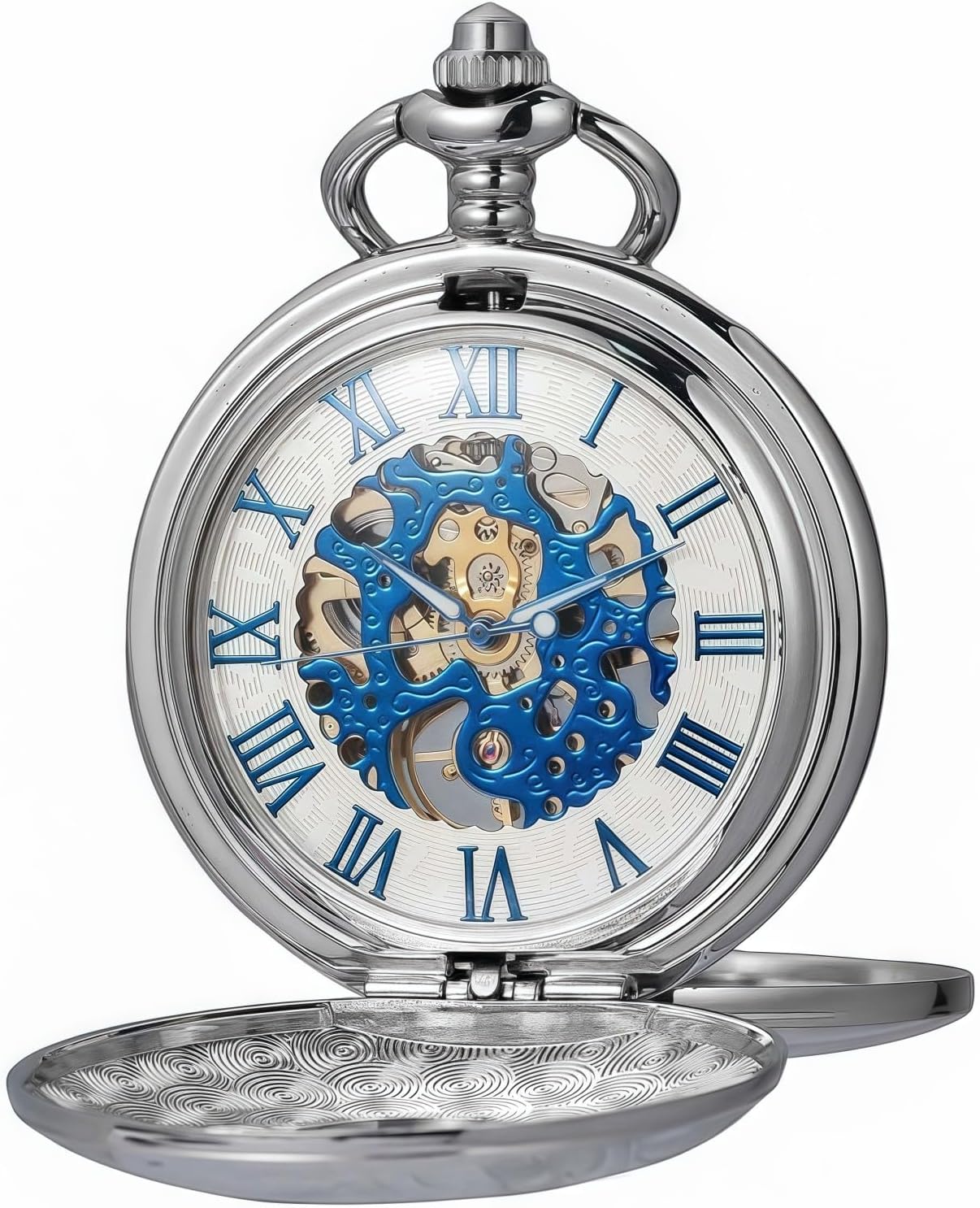 Mechanical Roman Numerals Dial Skeleton Pocket Watches with Box and Chains for Mens Women Black Silver