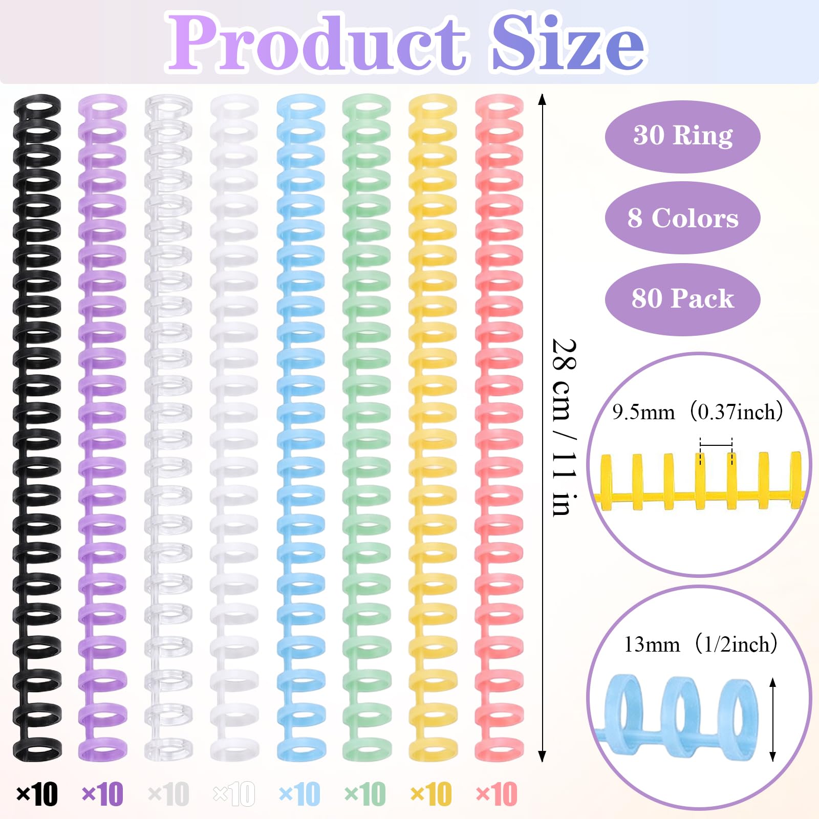 80 dorsi a pettine per rilegatura a spirale, diametro 1,3 cm, 30 anelli, in plastica, capacità di 100 fogli, facili da modificare, dorsi colorati per raccoglitori per quaderni, documenti e