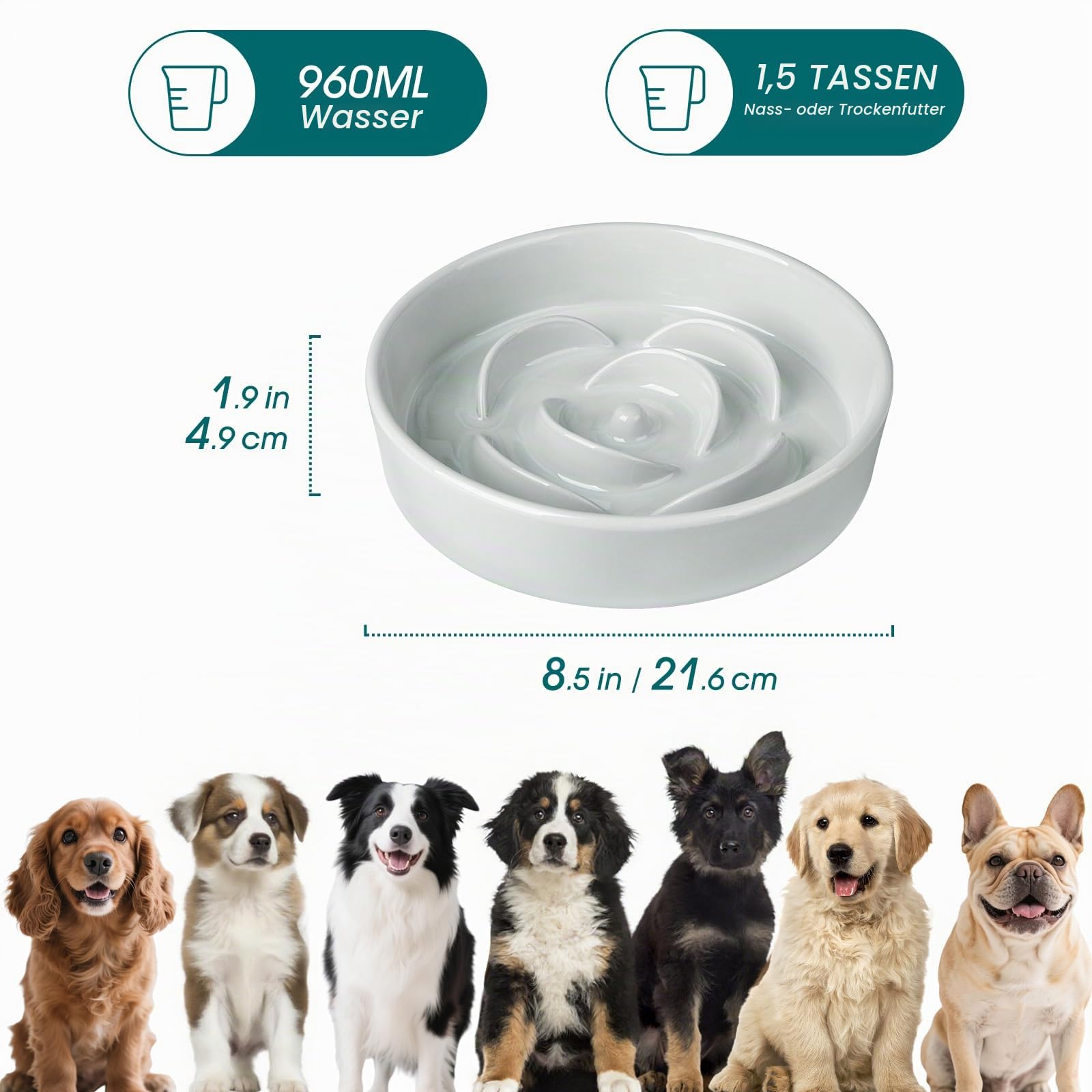 Hundenapf aus Keramik, vancasso Antischlingnapf Hunde für mittelgroße und große Hunde, Grau (21,6 cm)