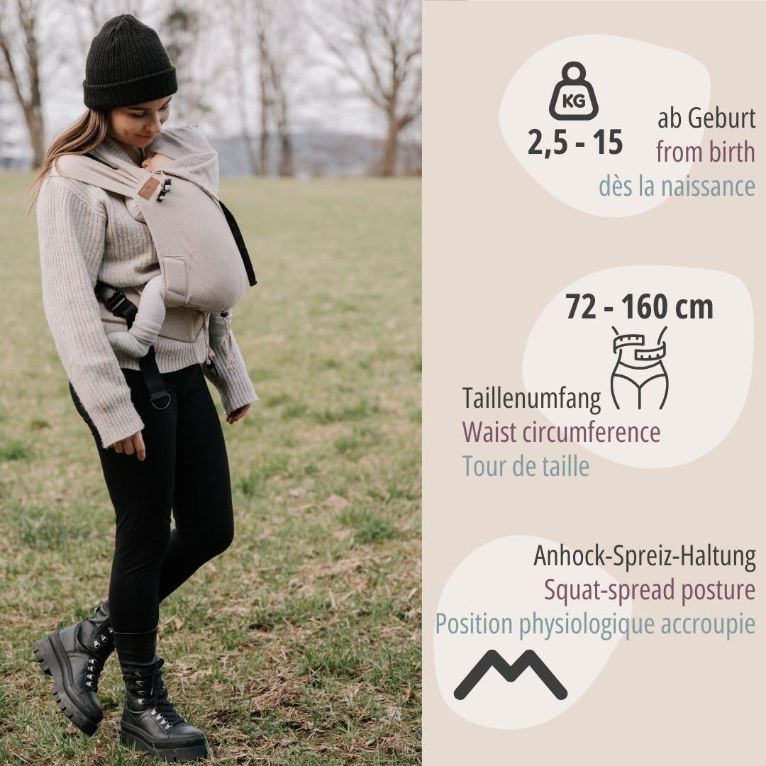 Hoppediz Primeo Babytrage für Neugeborene – Ergonomische Babytrage aus 100% kbA Baumwolle – Bauchtrage, Hüfttrage & Rückentrage