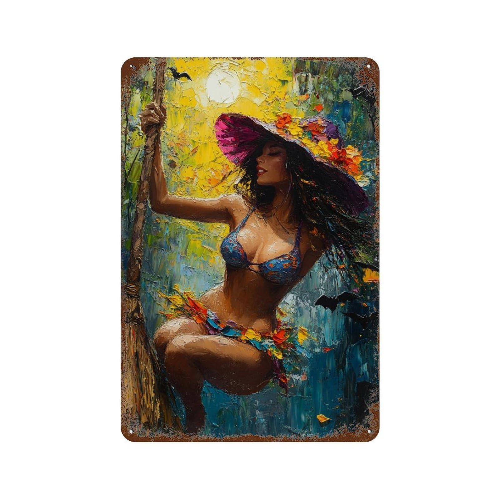 Halloween Witch Art Print Distressed Metal Wall Sign 11.8"x7.9", for Basement, Hobby Room And Garage Decor, Shabby Chic Decor