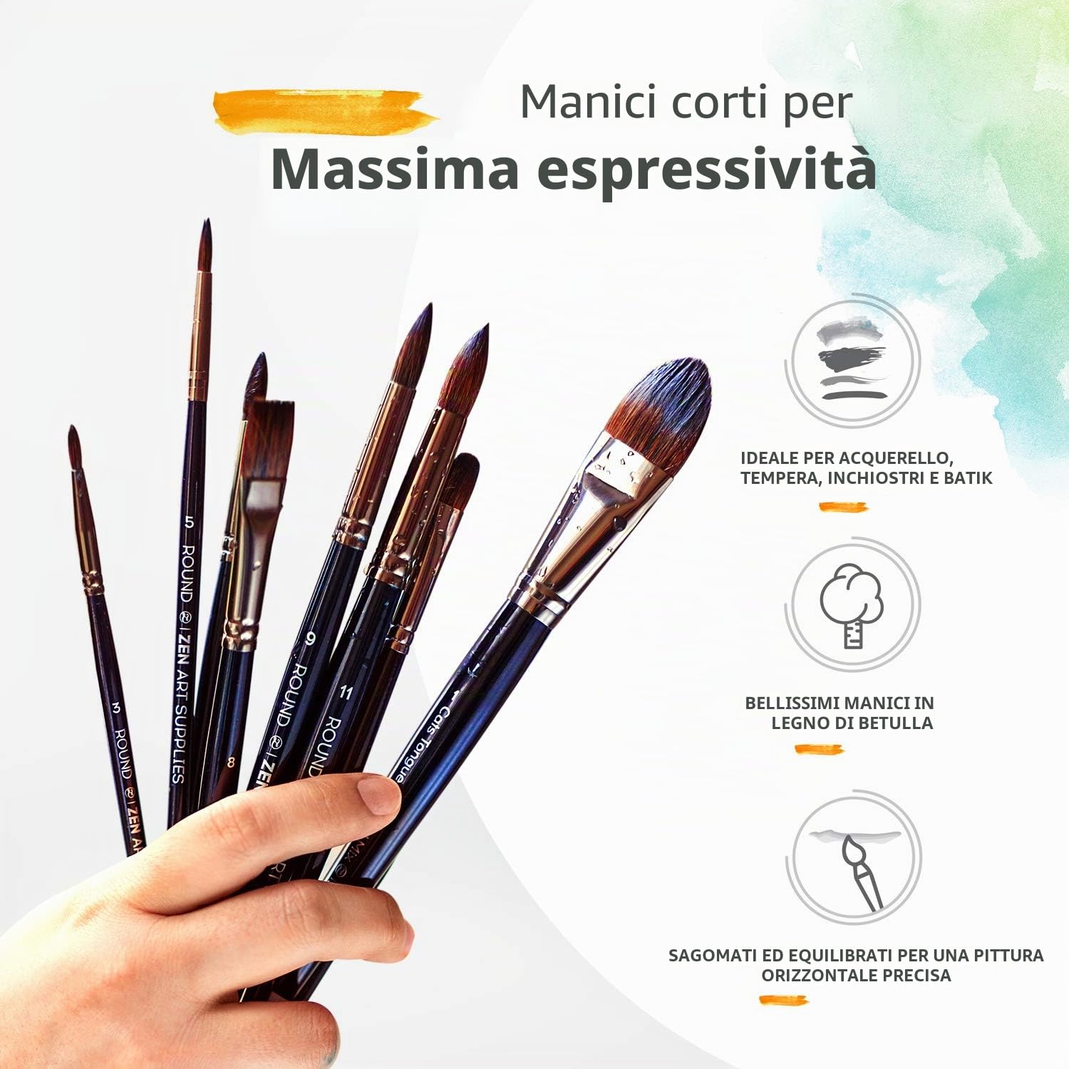 ZenART Set di Pennelli per Acquerello Professionali – Manici in Legno di Betulla, Setole di Scoiattolo e fibre sintetiche – 14 pz. Piatto, Tondo, Filbert, Rigger & Altri – Spatola e Custodia Incluse