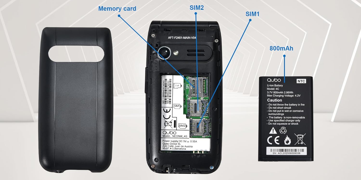 Internal view of the Qubo NEO2NW phone showing slots for SIM1, SIM2, and Memory card, along with the 800mAh battery.