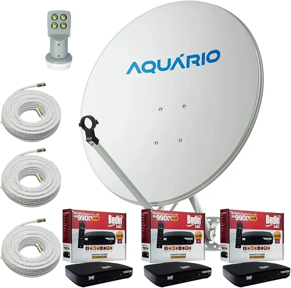 Kit Receptor Digital Antena Parabólica 60cm + LNBF Quadruplo + Cabo 15m | Banda Ku