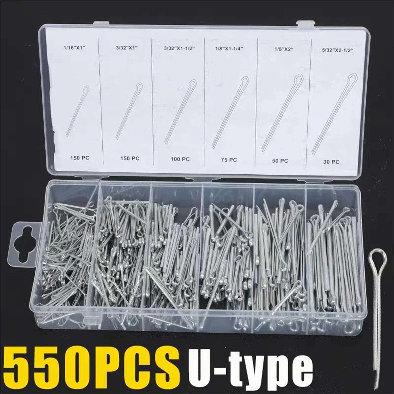 Kit de goupilles fendues en U acier inoxydable, assortiment R, combinaisons tailles multiples, boîte fixations épingle à cheveux sifflet, 550 pièces/boîte Pour Attelage