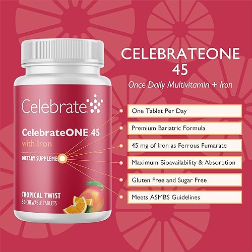 Miniatura 8 de Celebrate Vitamins CelebrateONE 45 multivitamínico bariátrico One A Day con hierro masticables, 45 mg de hierro, cereza de medianoche, 90 unidades