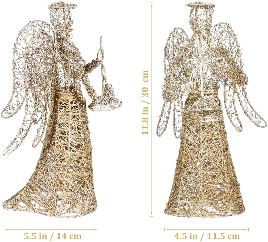 PRETYZOOM Lighted Glittered Christmas Angel Tree Topper Hollow Wire Angel Treetop Xmas Tree Topper for Christmas Ornaments and Holiday Seasonal Decor