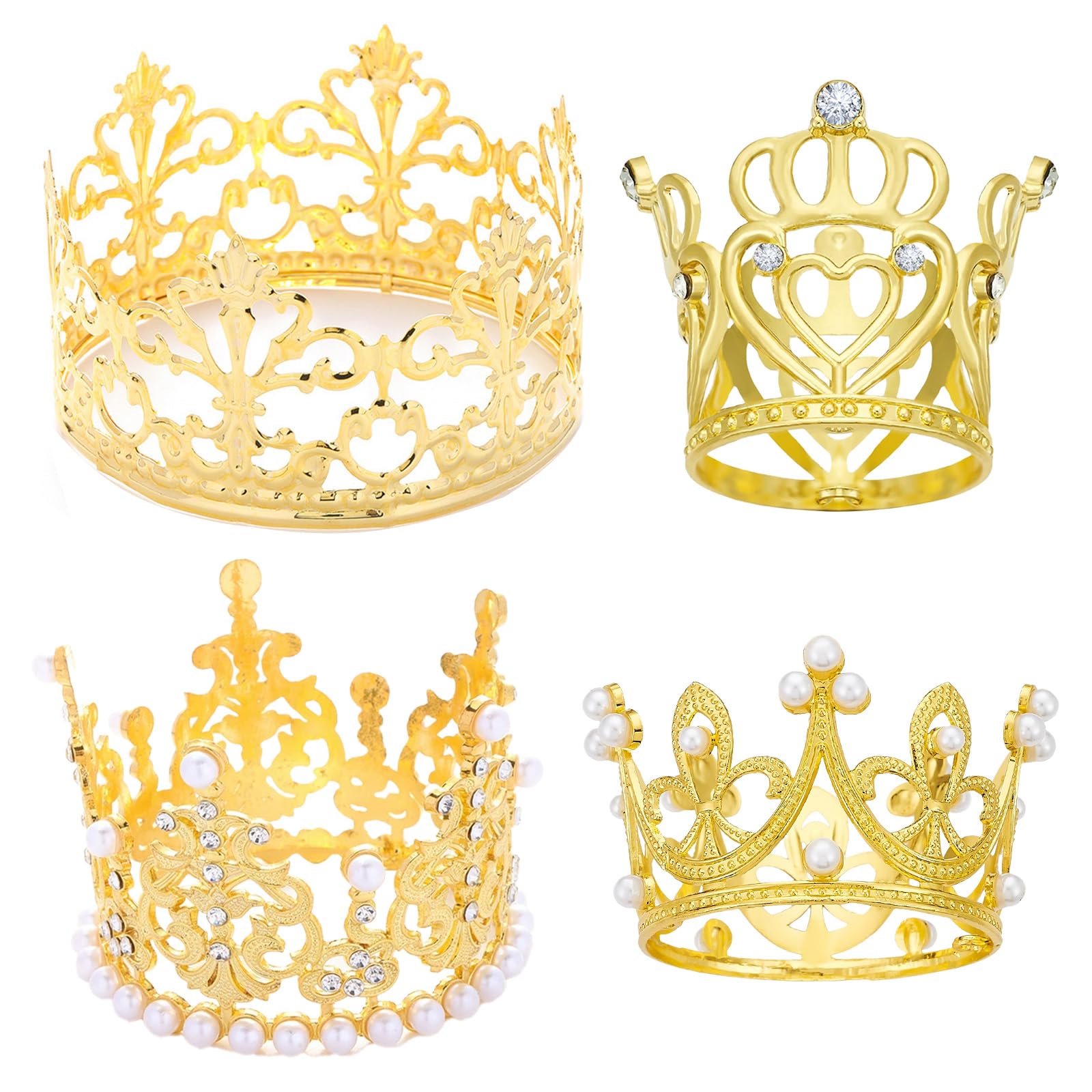 4PCS Silver Crown Cake Toppers Different Sizes Pearl Rhinestone Crown Cake Topper Adornment Mini Decorations for Wedding Royal Themed Bridal Shower Women Lady Girl Birthday Party Supplies (Golden)