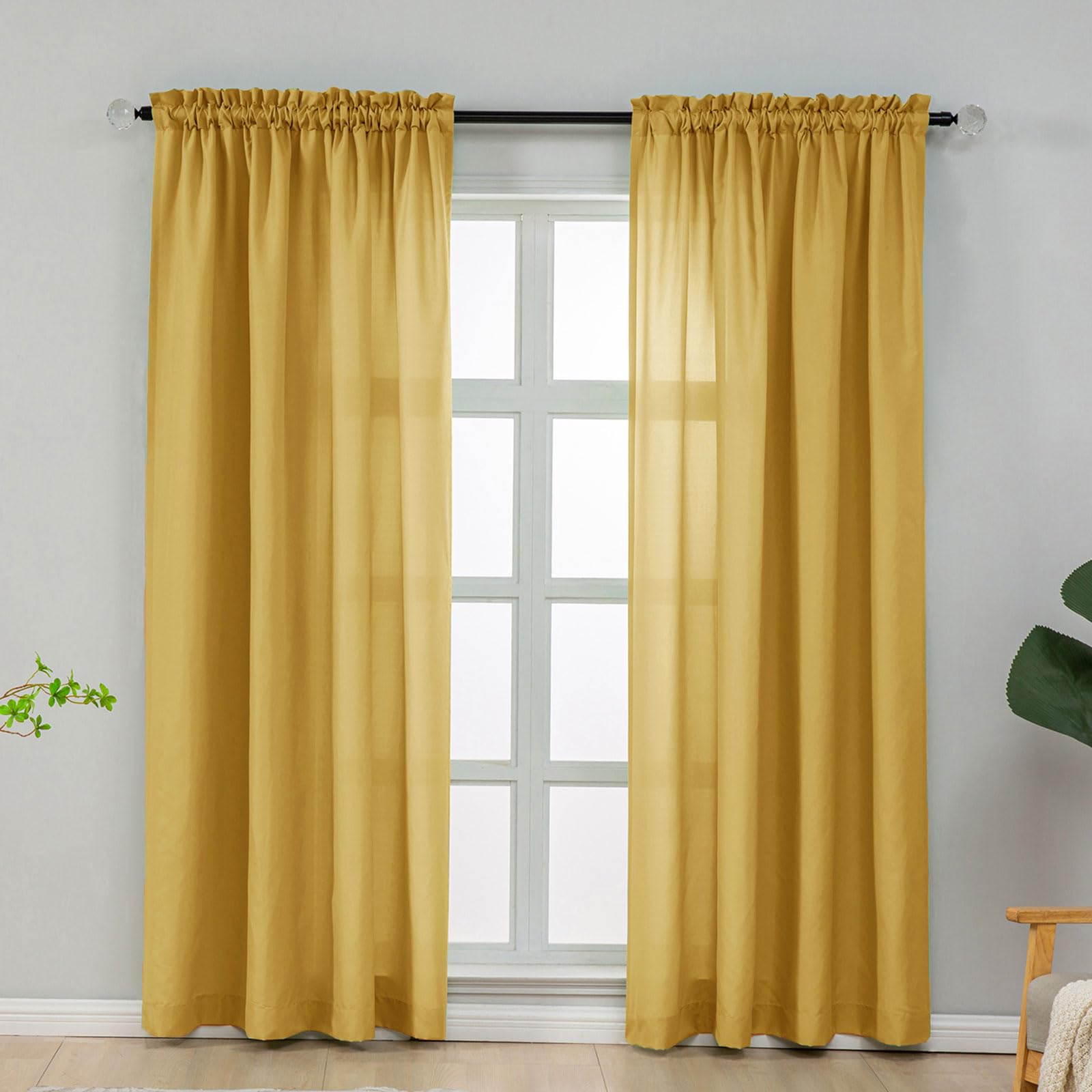 L.Z.E Non-See-Through Privacy Curtains 63 Inch Length 2 Panels Set, Gold Light Filtering Semi Sheer Curtains for Living Room Bedroom Nursery, Rod