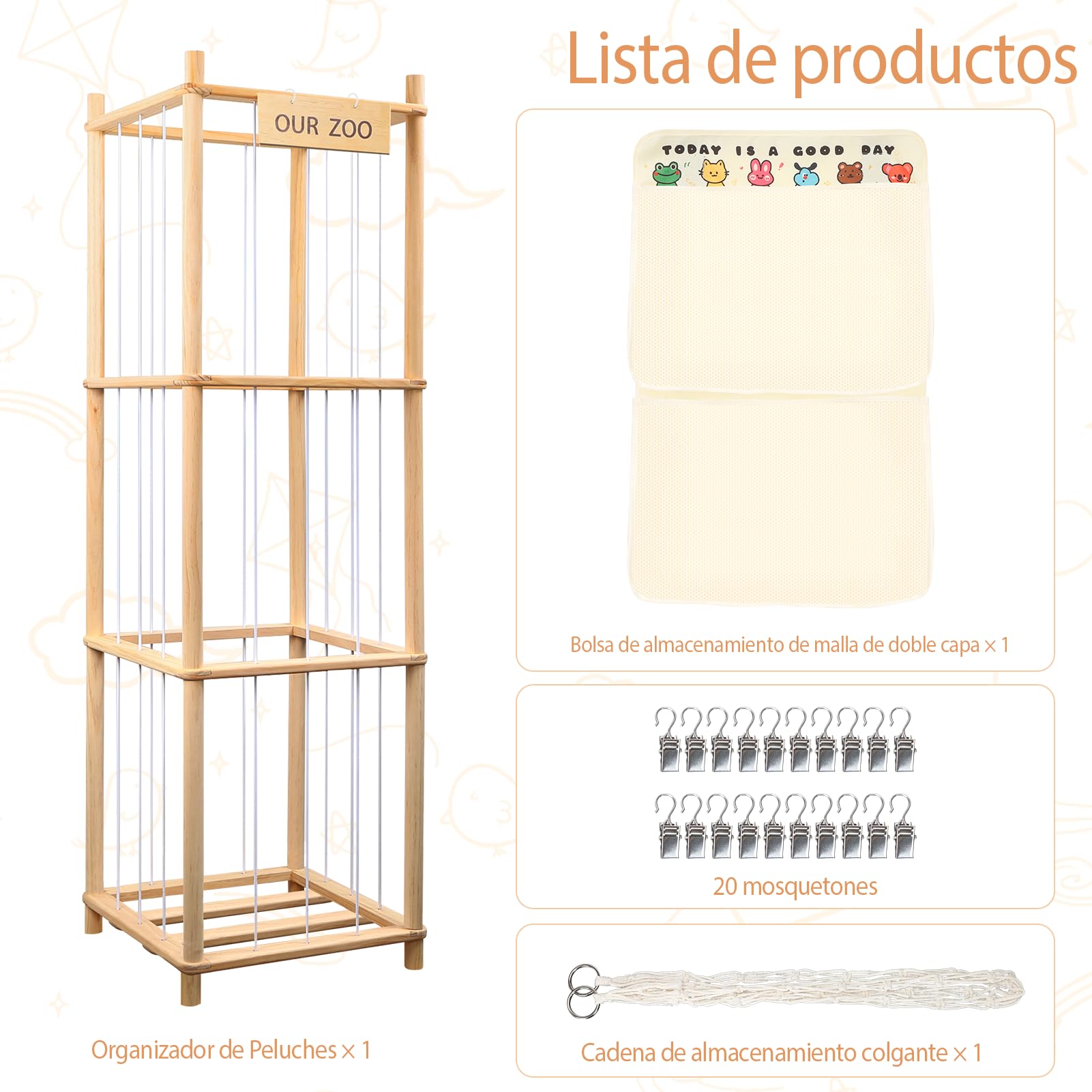 Organizador de Peluches, Gran Capacidad (136x40x40 cm), Ahorro de Espacio en Madera para Niños, Habitación, Sala de Juego, Dormitorio, Sala de Estar