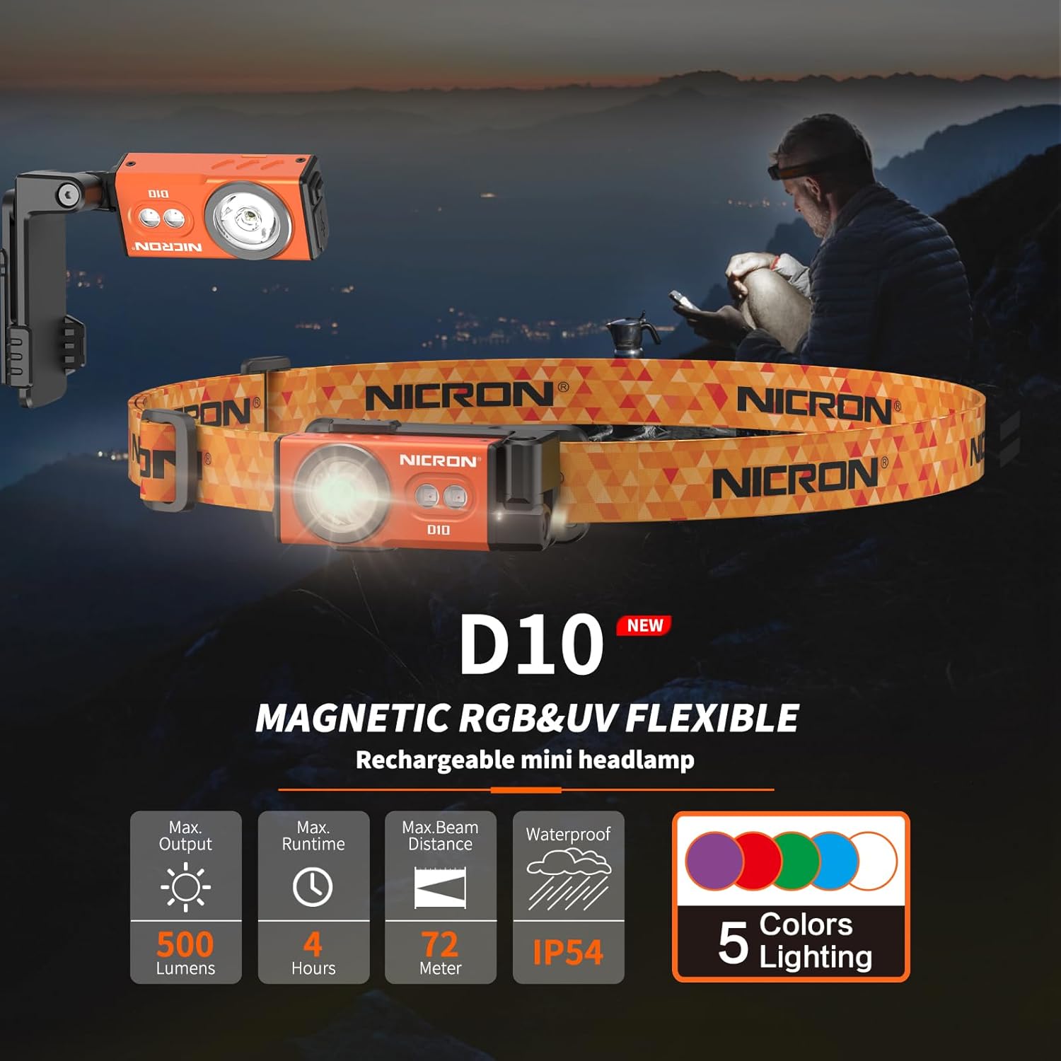 NICRON D10 Rechargeable Flashlights, 500 High Lumens EDC Mini Flashlight with Magnet 360° Rotation, RGB&UV Lights, IP54 Waterproof, Flexible Headlamp for Camping Fishing Hiking(Orange)