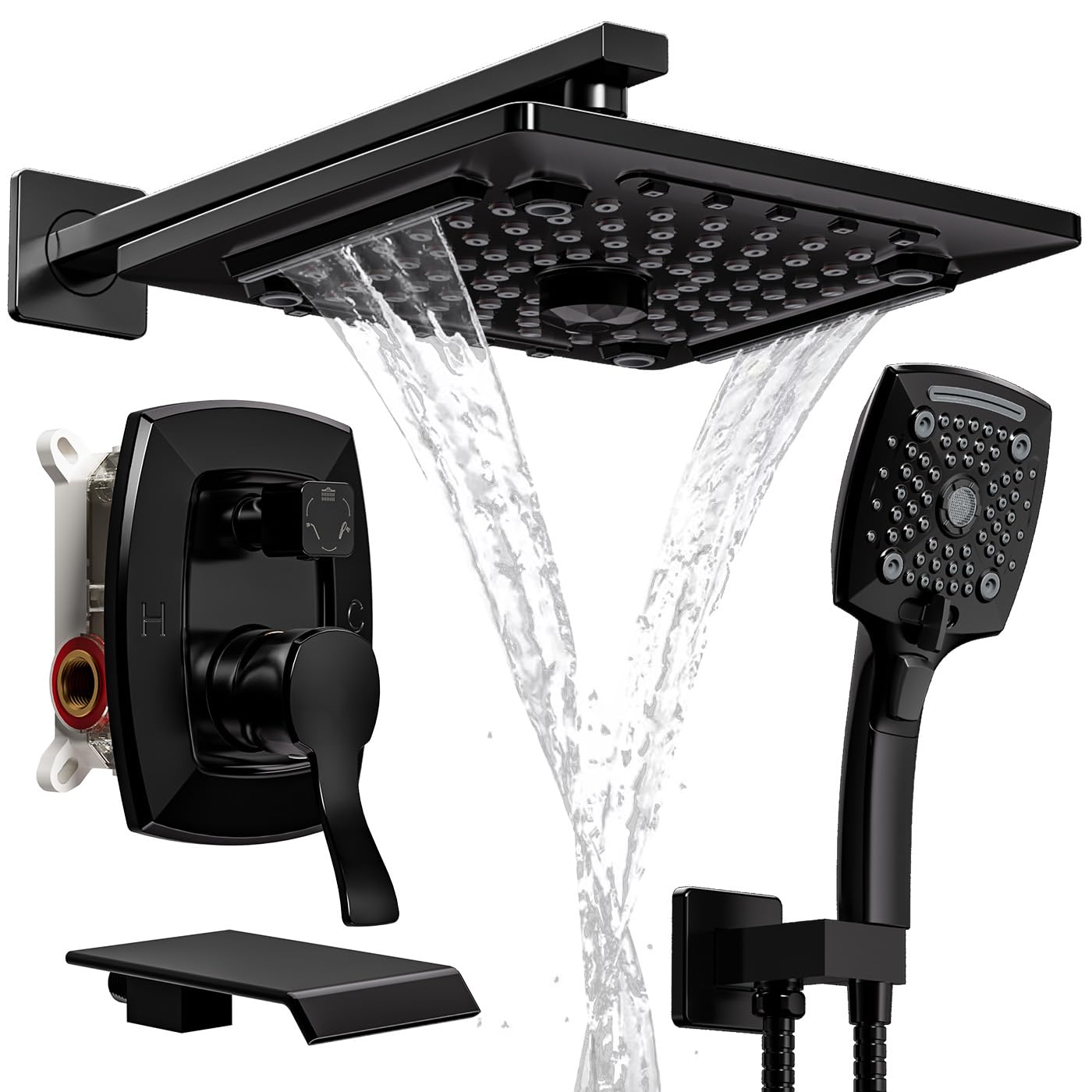 ELLO&ALLO Matte Black Tub Shower Faucet Set with Valve and Trim Kit, Rainfall Waterfall Shower Head with Handheld Combo