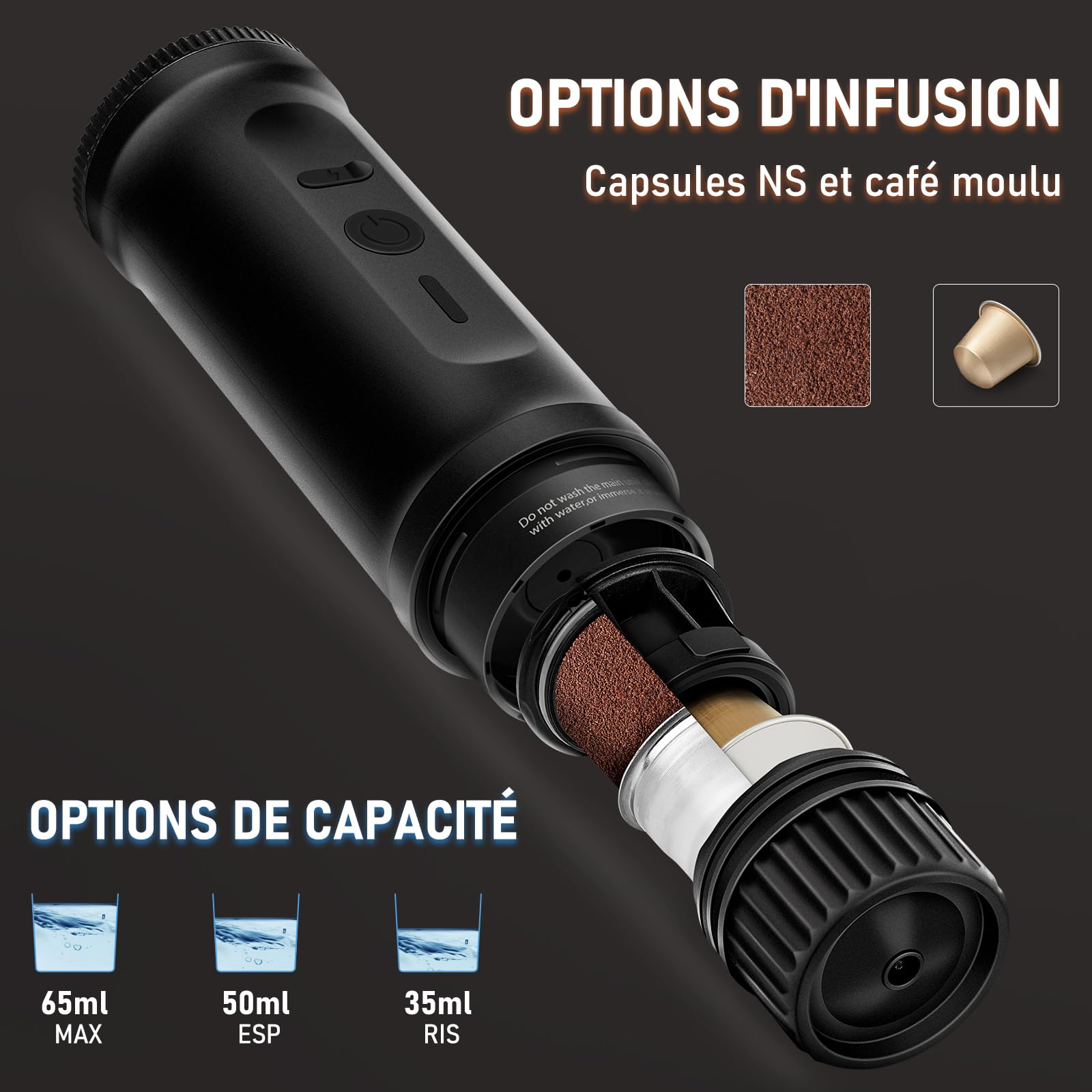 ICARE Machine à Café Portable, Cafetière Portable 2 en 1 pour Capsules NS et Café Moulu, Auto-Chauffante, Recharge USB-C, Indicateur de Batterie, pour Camping, Randonnée, Voyages, Camping-cars (Noir)